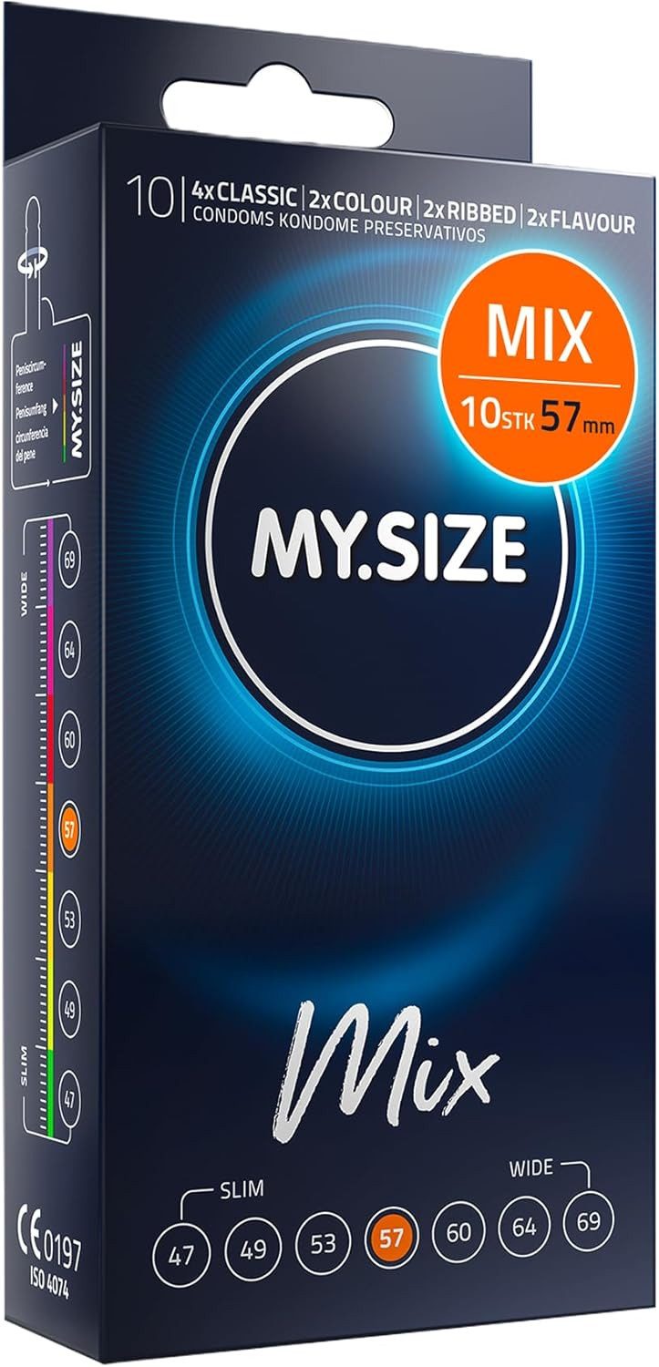 MY.SIZE Kondome Mix, gemischte Kondome in individueller Passform, blaue, rote mit Erdbeeraroma, gerippt, classic