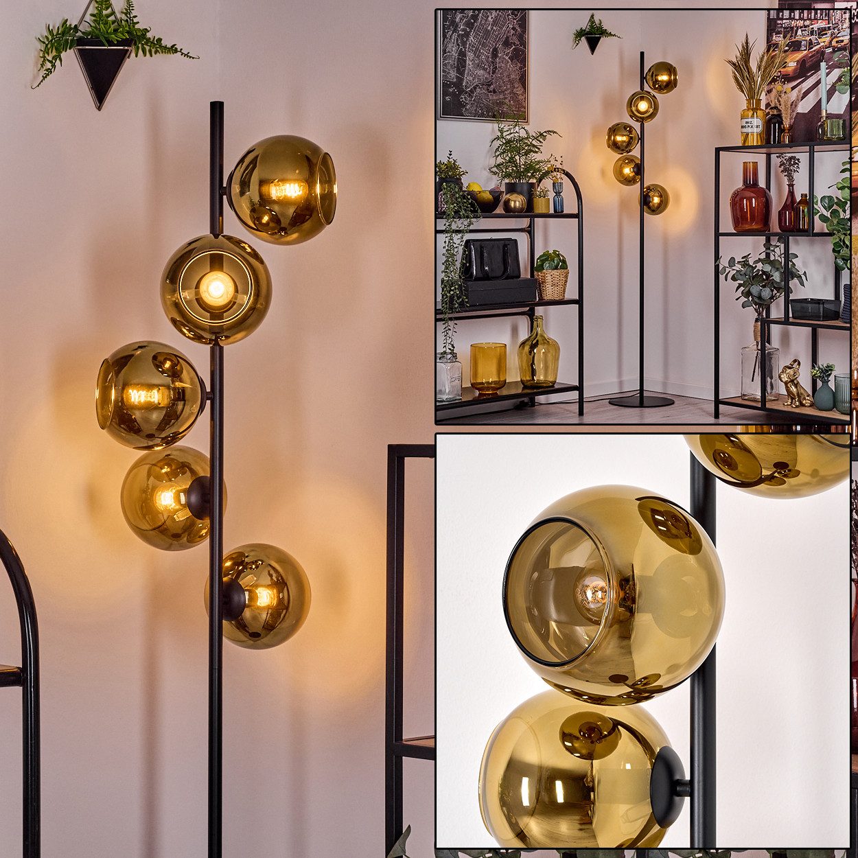 Stehlampe Stehlampe aus Metall/Glas in Schwarz/Goldfarben