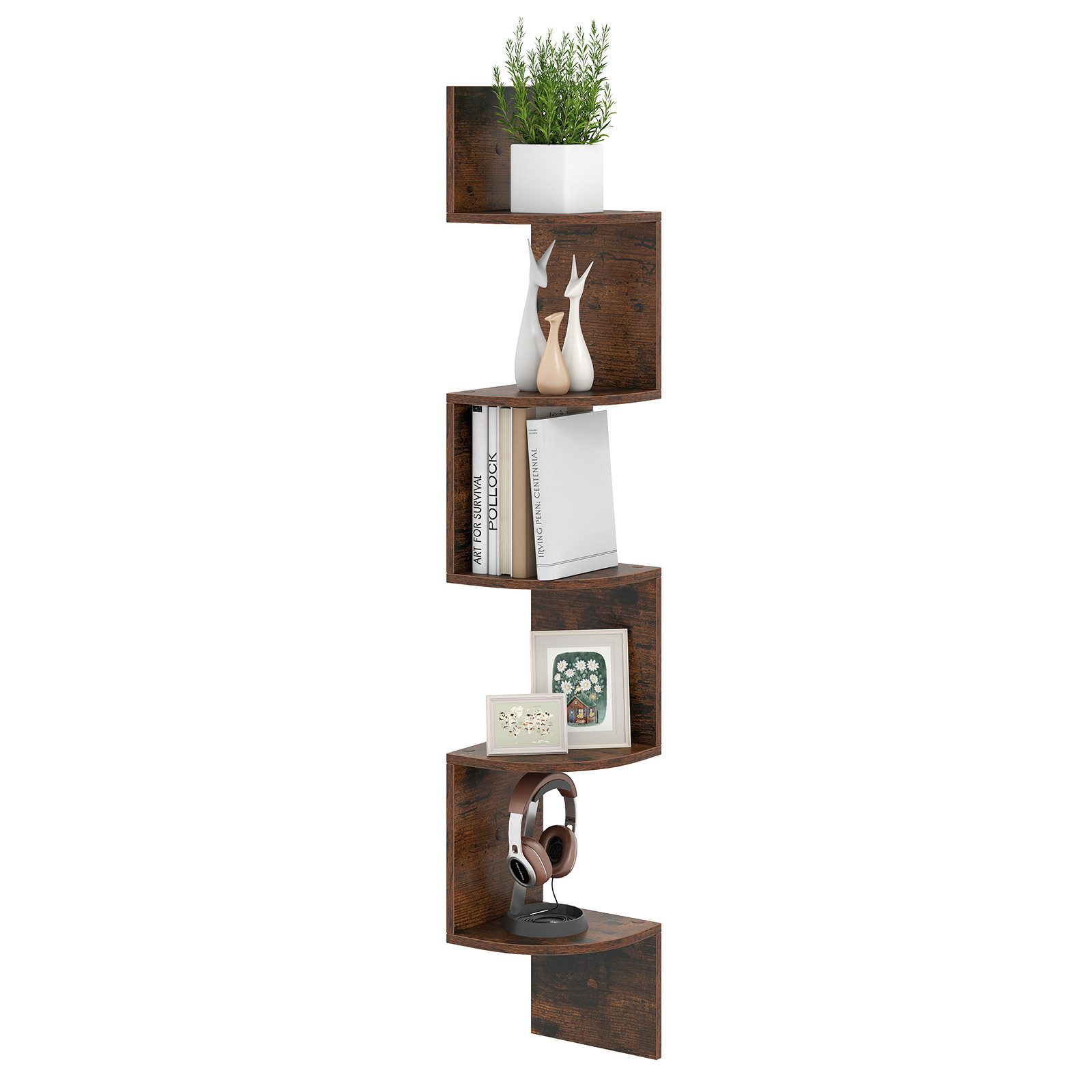 COSTWAY Eckregal, hängend, 5-stöckiges Bücherregal schwebend, Holz
