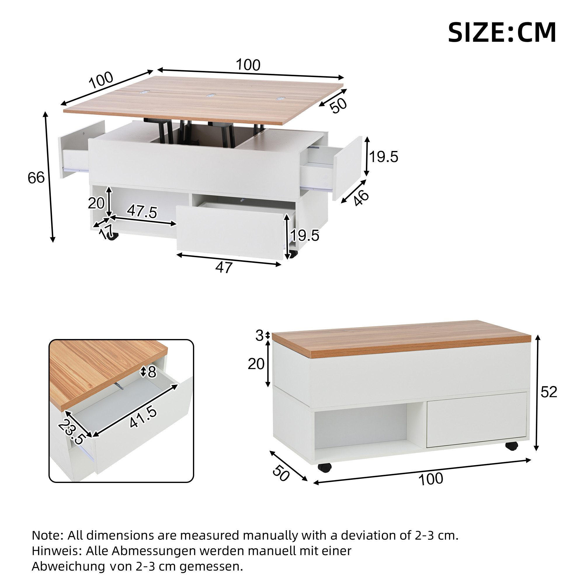 KLAM HOME Couchtisch 100*50*52cm Couchtisch mit 4 Rollen, anhebbarer Kaffeetish (multifunktionaler Wohnzimmertisch mit 4 Schubladen), höhenverstellbar Sofatisch – Bild 3 von 5