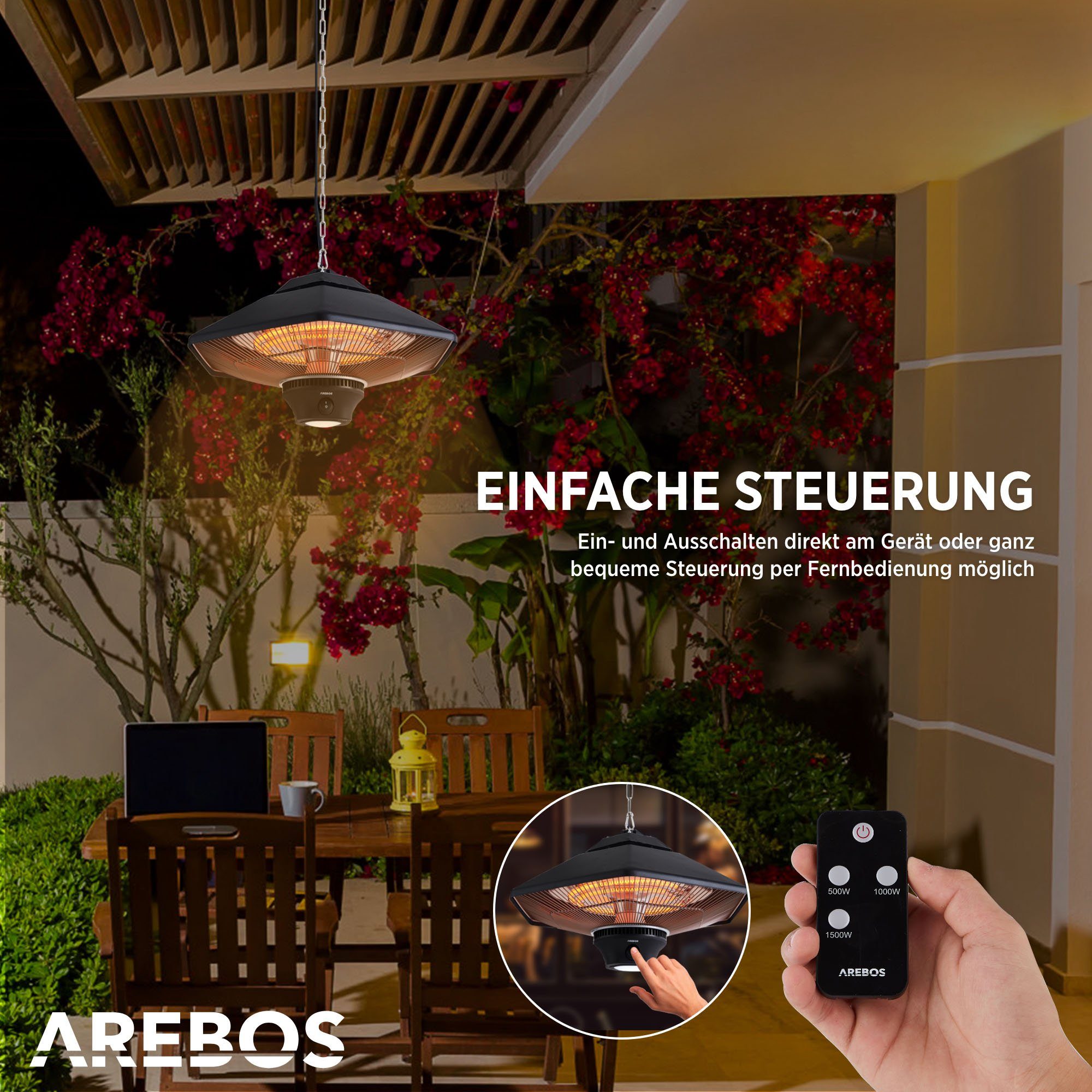Arebos Terrassenstrahler Deckenheizstrahler Fernbedienung, W Heizstufen, + zuschaltbare 3 2000 Beleuchtung, LED 2 Halogenlampen