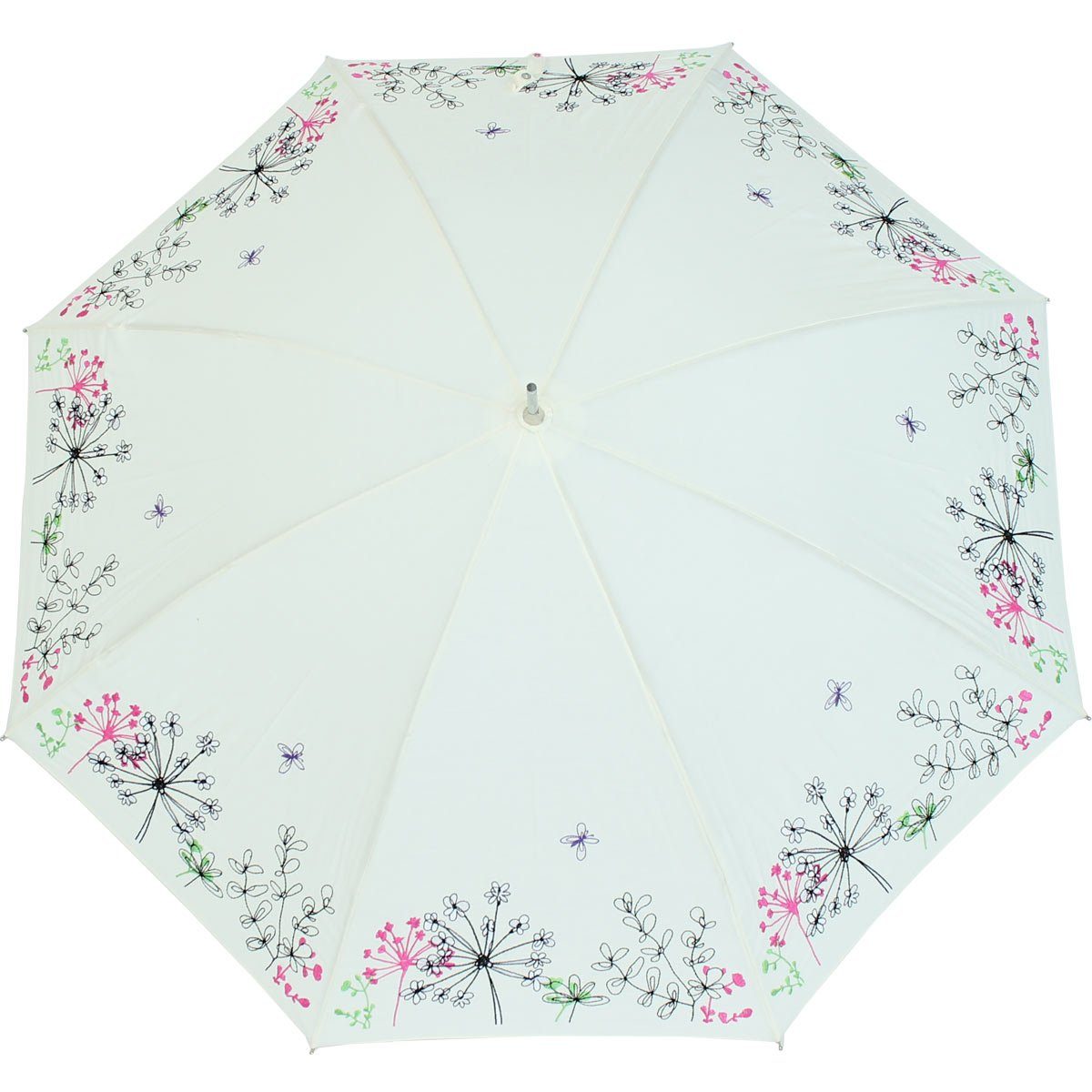 doppler® Langregenschirm Sonnen besteht aus und Regenschirm Lady transparentem ist bestickt, Rand der weiß der mit Wiesenblumen Schutz Butterfly, Kunststoff wunderschön UV - Griff
