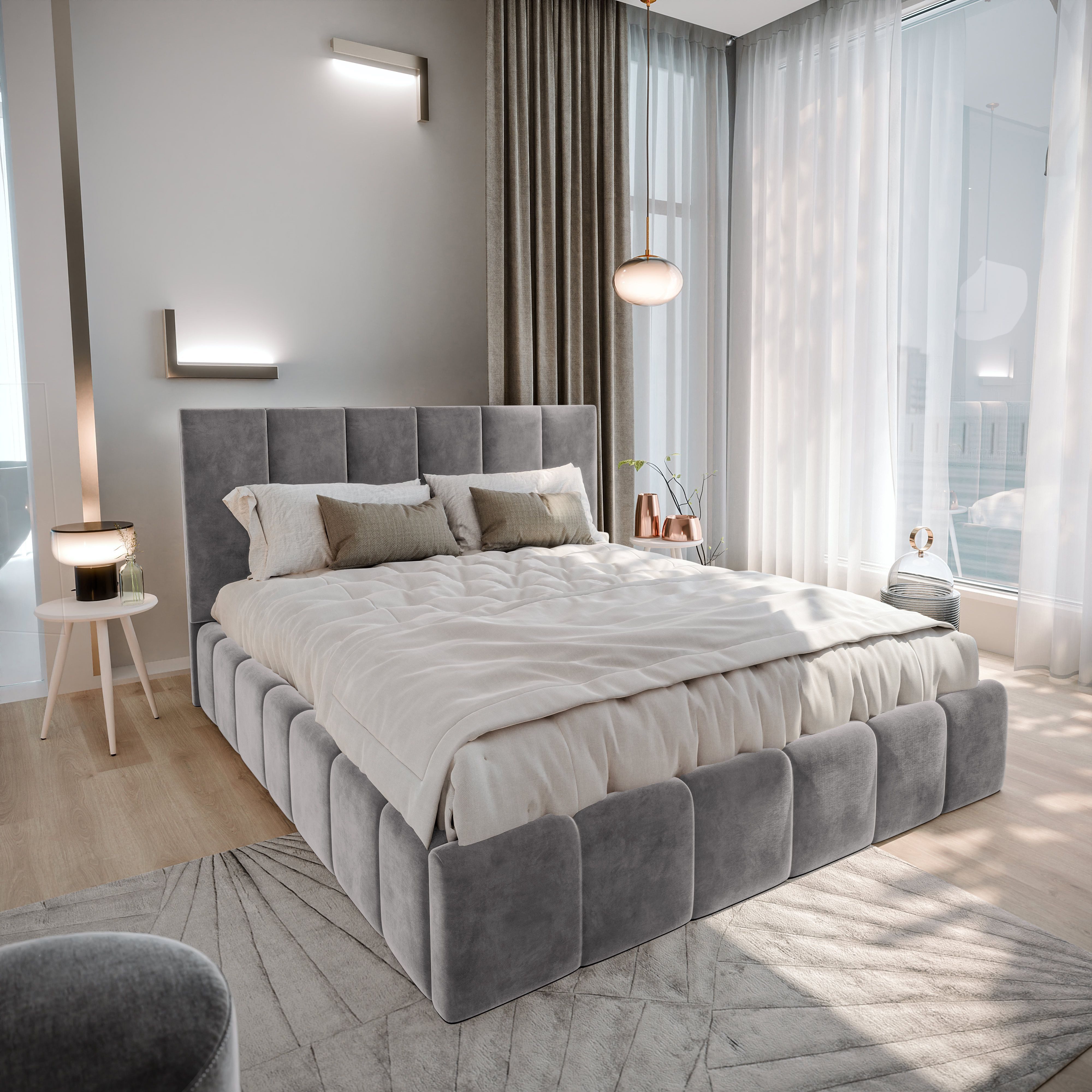 Masseno Polsterbett TARANTO 160x200 cm grau (mit Bettkasten und Lattenrost)
