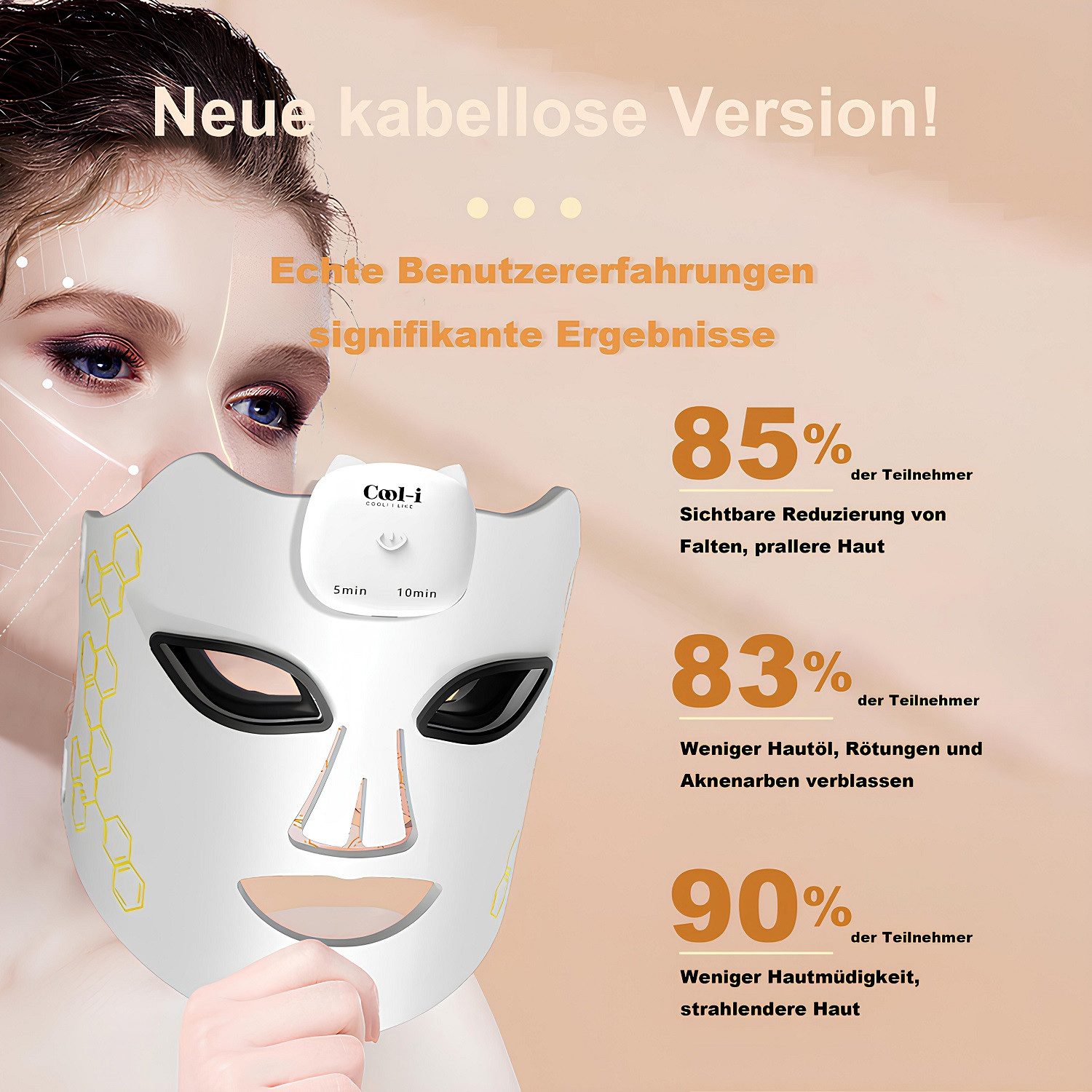 COOL-i ® Kosmetikbehandlungsgerät Kabellose LED-Gesichtsmaske – Lichttherapie mit 4 Farben, FDA/HSA, Infrarot