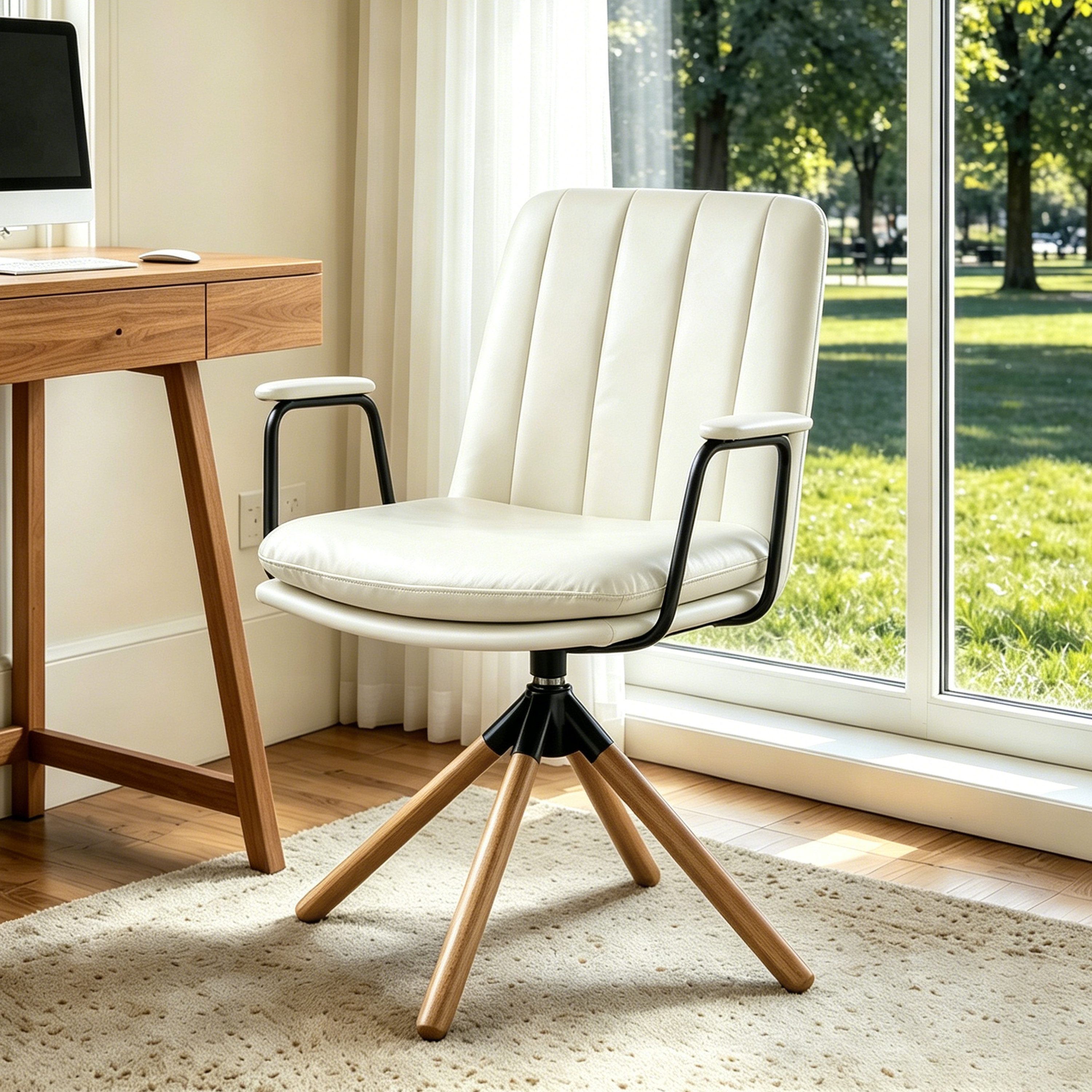 Art Leon Esszimmerstuhl CC058-New (Bürostuhl ohne Rollen, Rattanstuhl Esszimmerstuhl Mid‑Century Modern Drehstuhl mit Buchenholzbeinen, Kunstleder gepolsterter Akzentsessel mit Wiener Geflecht, für Home Office Wohnzimmer, Braun/Grün/Schwarz, 1 St), Kunstleder gepolsterter Bürostuhl mit Holzbeine