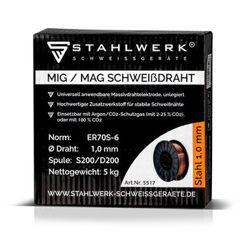 STAHLWERK Schweißdraht 1,0 mm MIG MAG ER70S-6 SG2 auf D200 Drahtrolle 5kg, (Packung, 1St), Stahl, für Schweißgeräte mit 50 mm Spulendorn-Aufnahme