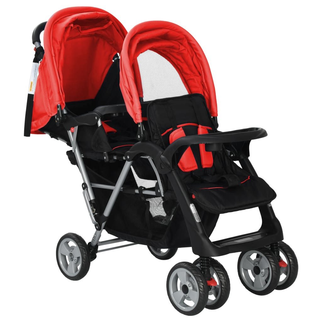 vidaXL Kombi-Kinderwagen Kinderwagen Kinderkarre Buggy Zwillings-Geschwisterwagen Stahl Rot und