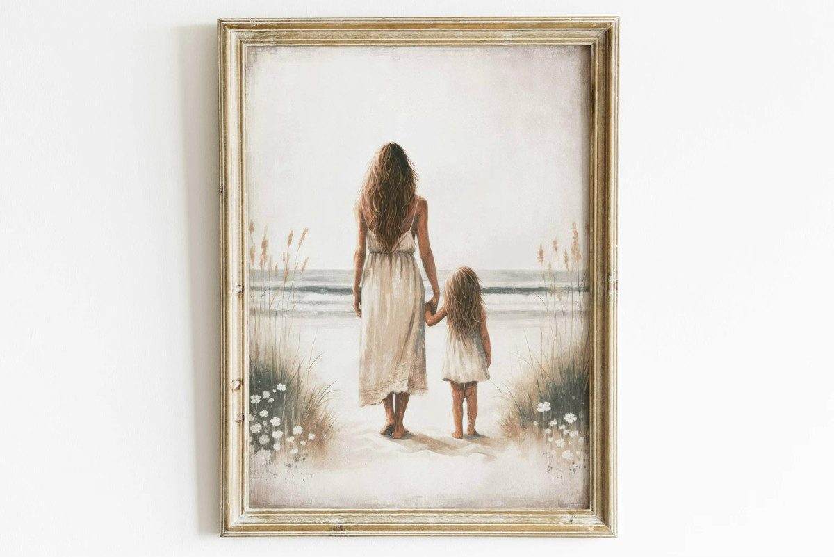 TPFLiving Kunstdruck (OHNE RAHMEN) Poster - Leinwand - Wandbild, Mutter und Kind Wandkunst Home Decor Leinwand Malerei (Leinwandbild XXL), Farben: Braun, Grau, Schwarz, Weiß, Blau, Gelb -Größe: 20x30cm