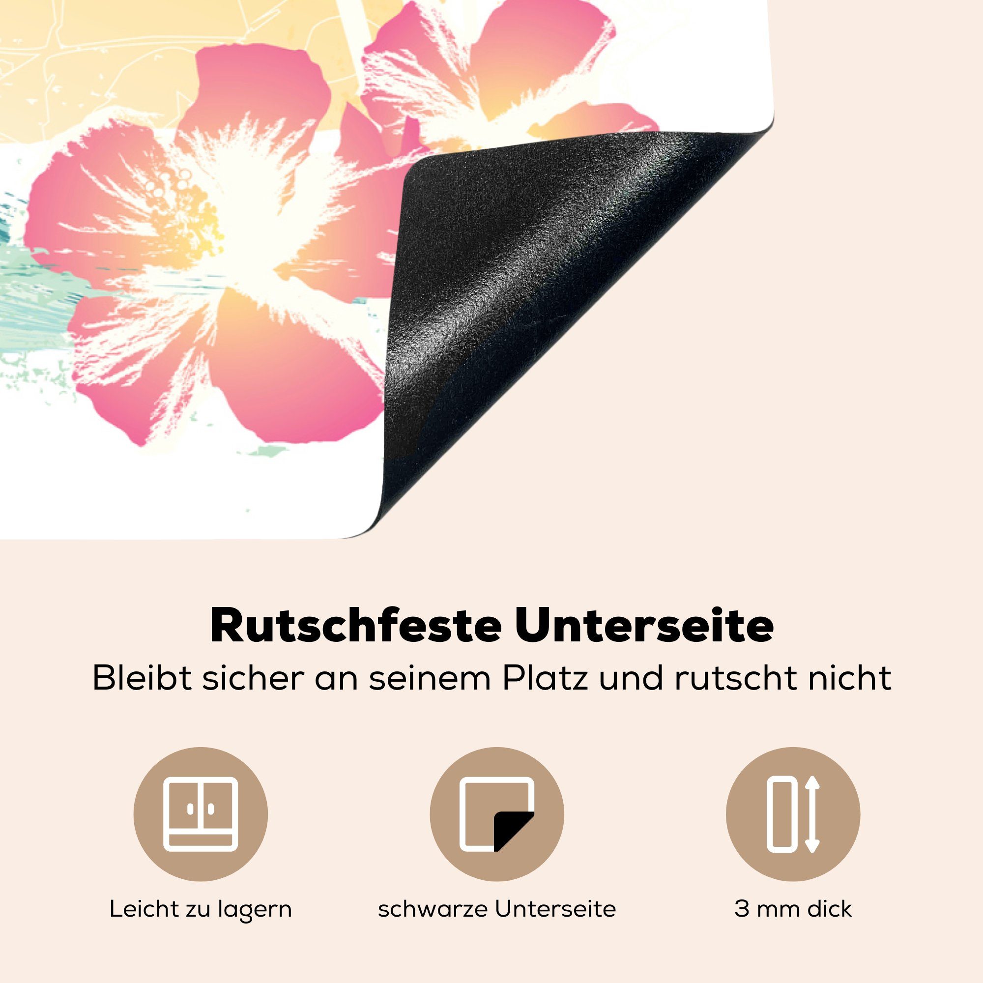 küche - (1 tlg), Herdblende-/Abdeckplatte 83x51 cm, MuchoWow Ceranfeldabdeckung, Strand Arbeitsplatte - Blumen Vinyl, für Brandung,