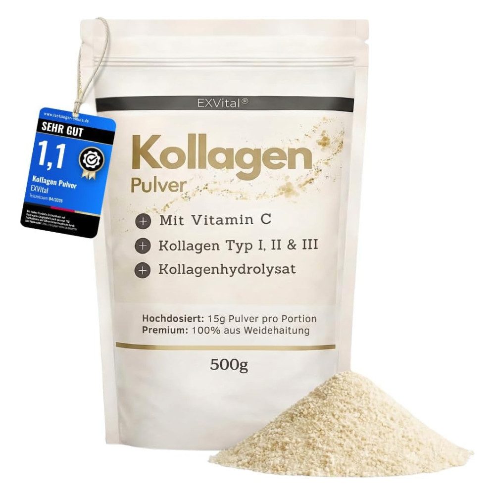Kollagen Pulver mit Vitamin C (500g), 100% natürlich, ohne Zucker Pulver, 500 g, Ohne Zucker
