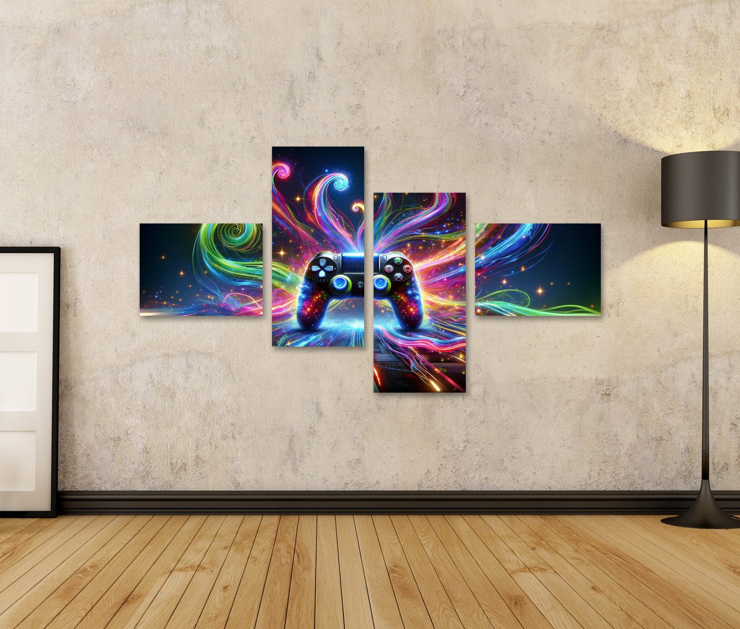 islandburner Leinwandbild Schräger Gaming-Controller Neonlicht