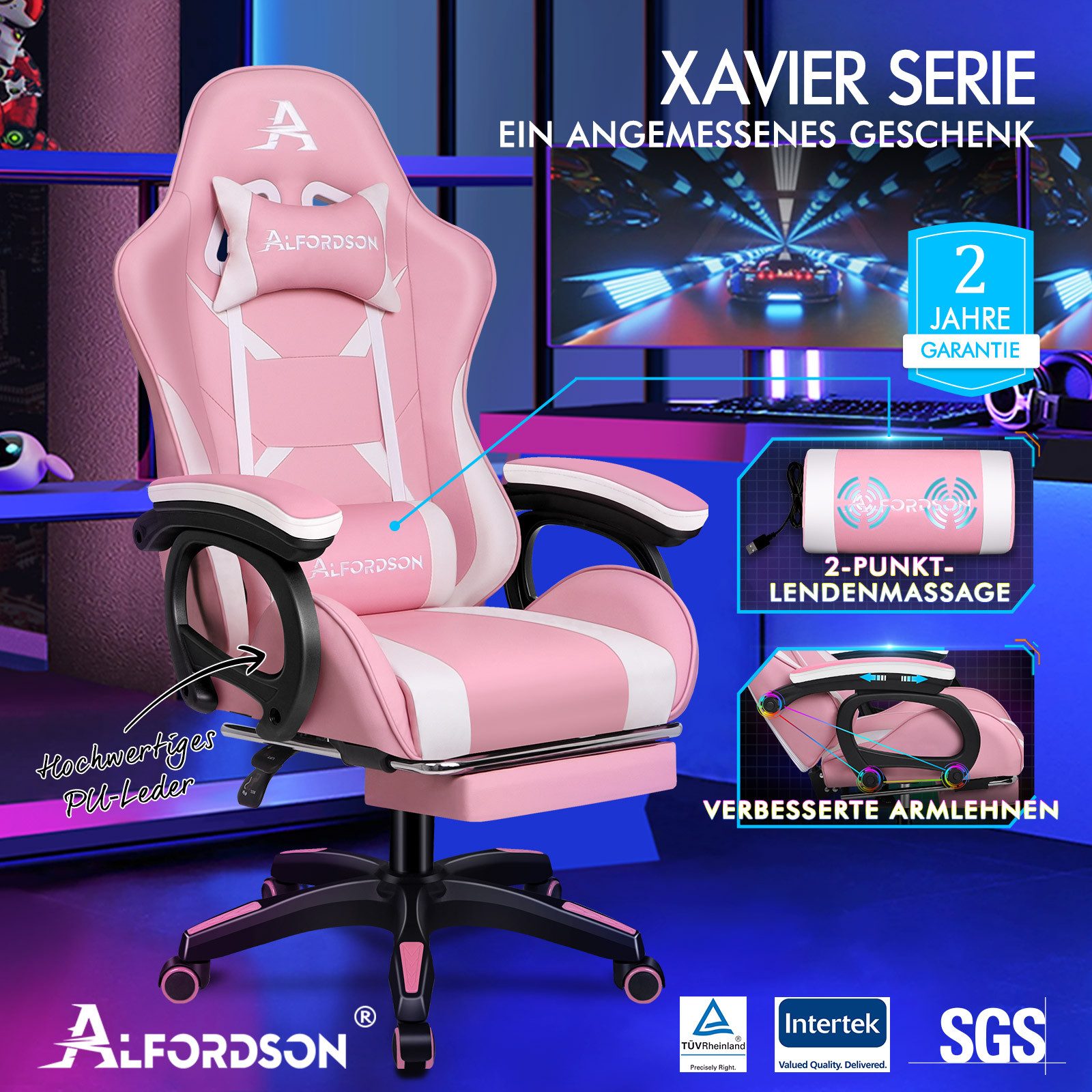 ALFORDSON Gaming-Stuhl mit Massage-Lendenkissen, X-Large, 5 Massagemodi, USB-Anschluss (1 St), Einziehbare Fußstütze, 90°-150° verstellbare Ruckenlehne , Ergonomisch