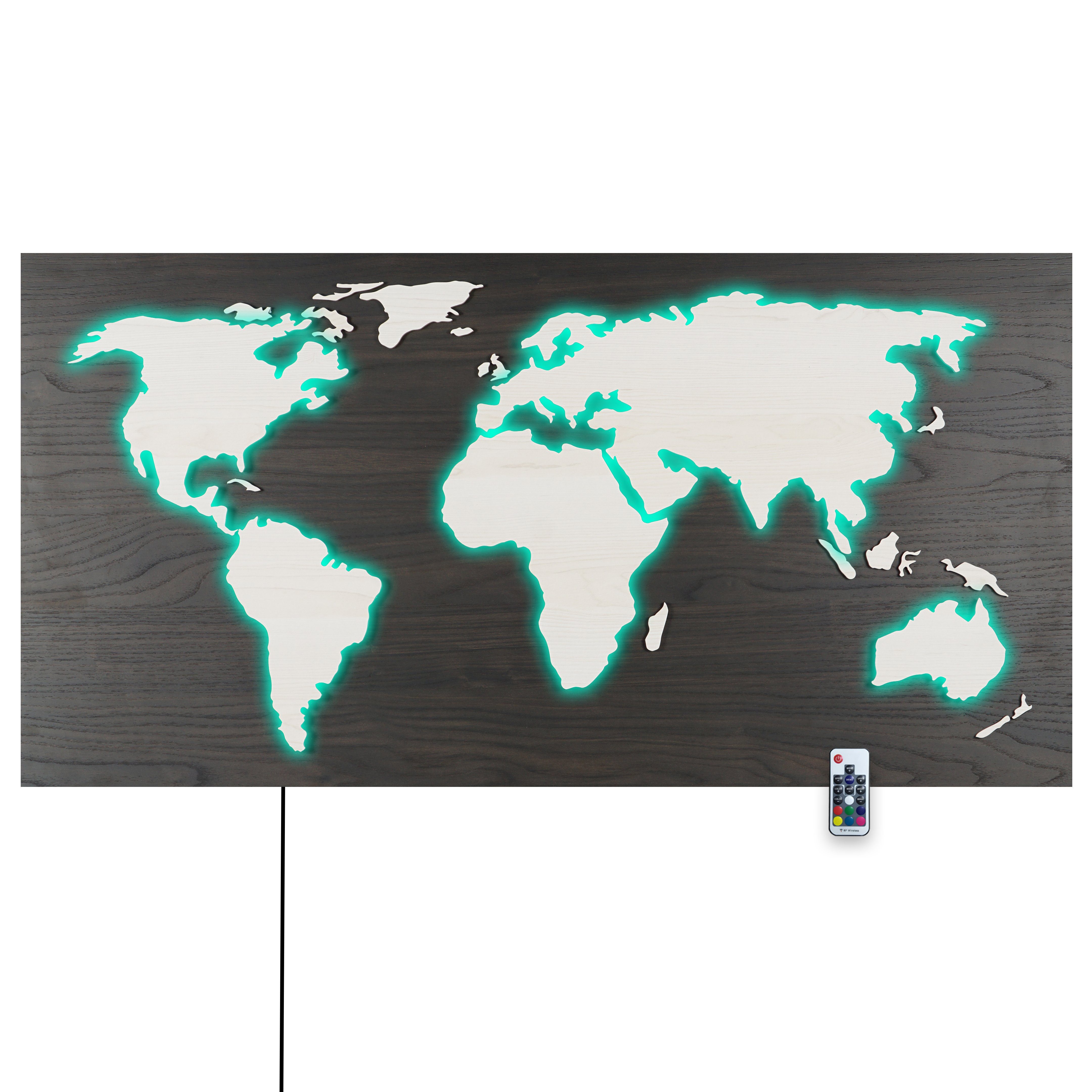 steuerbaren Deko LUX MAPPA LEDs Schwarz, Rückplatte HOLZ-Optik Ahorn RGB mit 3D-Lichtbild, bunt Fernbedienung Weiss - Weltkarte über Walnuss umleuchtet Länder Kontinente 110x57cm Rustikale ZENLED Wanddekoobjekt