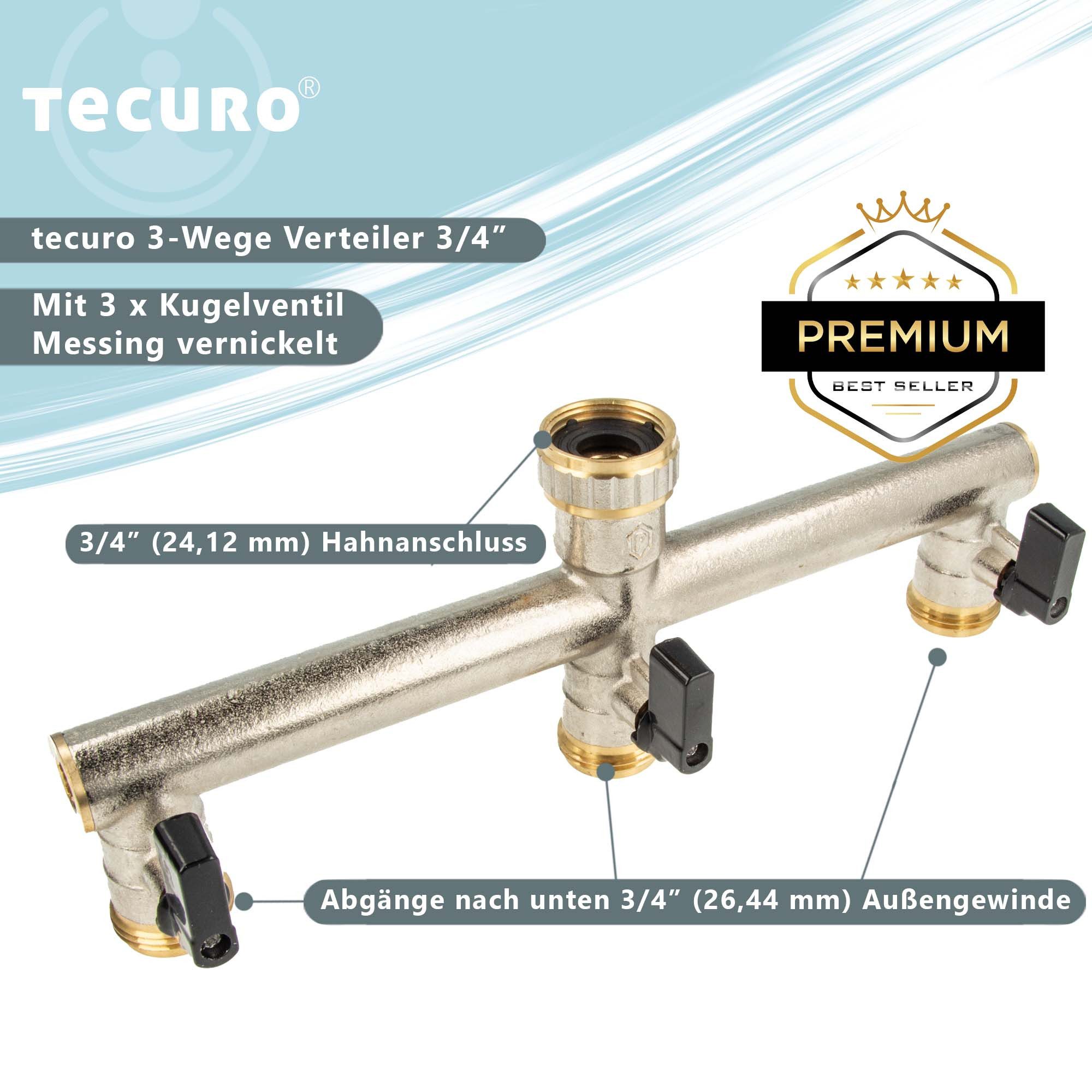 Thumbnail - tecuro Bewässerungssystem 3-Wege Verteiler 3/4 Zoll mit 3 x Kugelventil, für Zapfstelle
