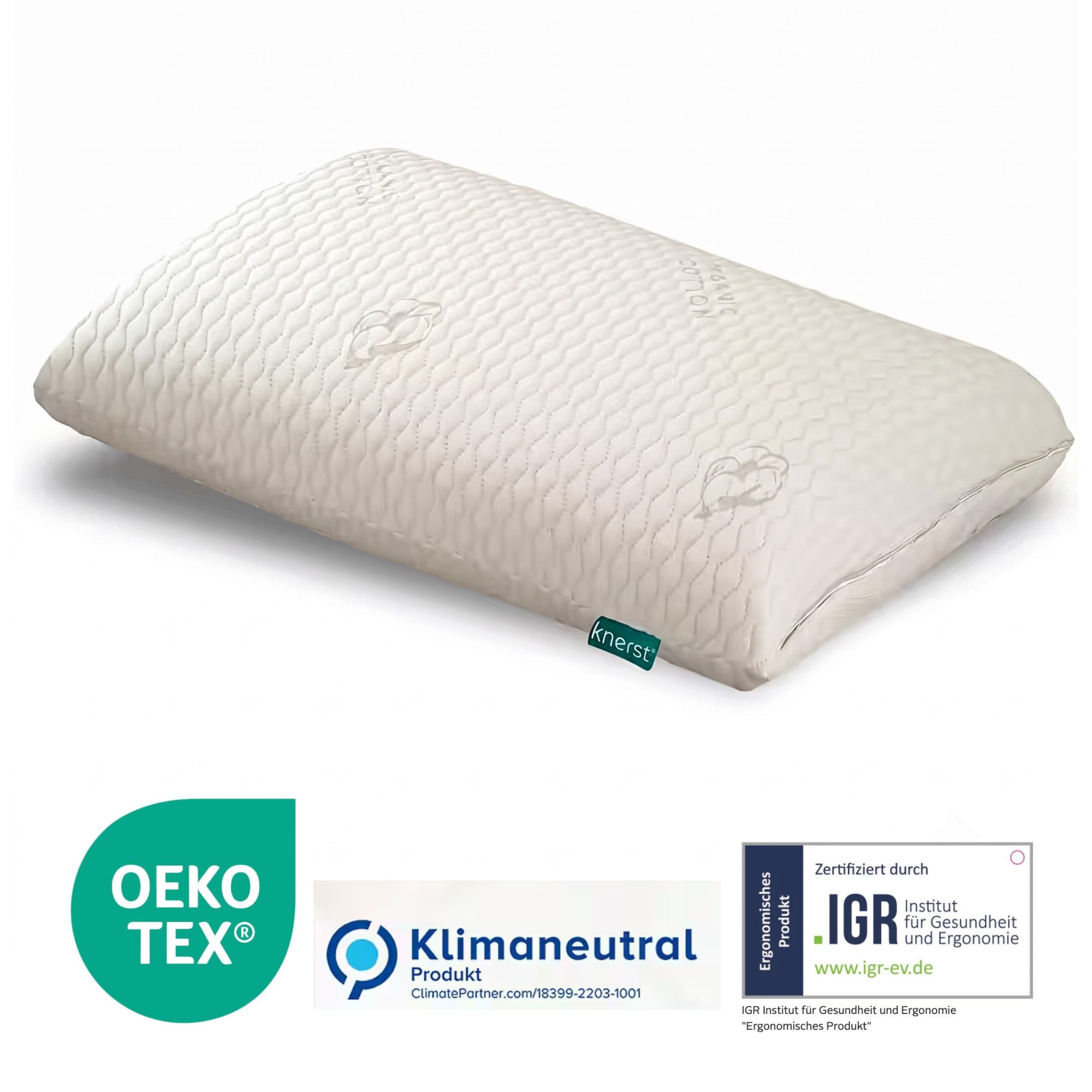 KNERST Nackenstützkissen orthopädisch MemoryFoam Kissen 40°C waschbar - formstabiles Kopfkissen, Füllung: 100% CosyPUR Gelschaum, Bezug: Bio-Baumwollbezug, Seitenschläfer, Bauchschläfer, Rückenschläfer, 33x67x6 cm, ergonomisch