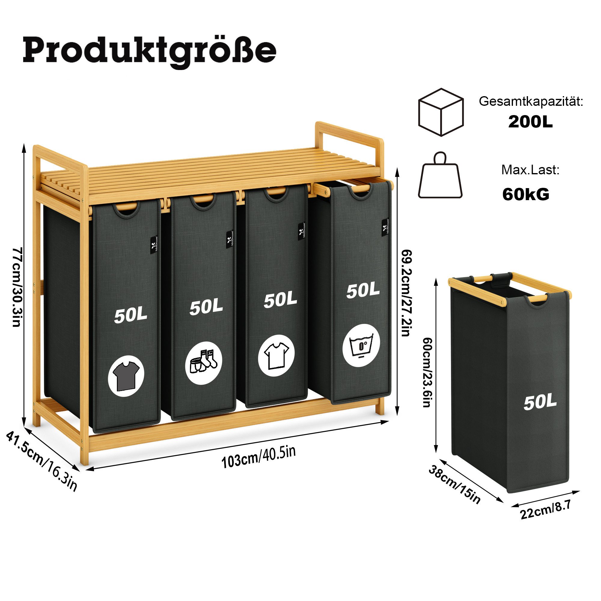 AdelDream Wäschekorb mit Bambusrahmen,200 l, 4 Fächer,Wäschesortierer günstig online kaufen