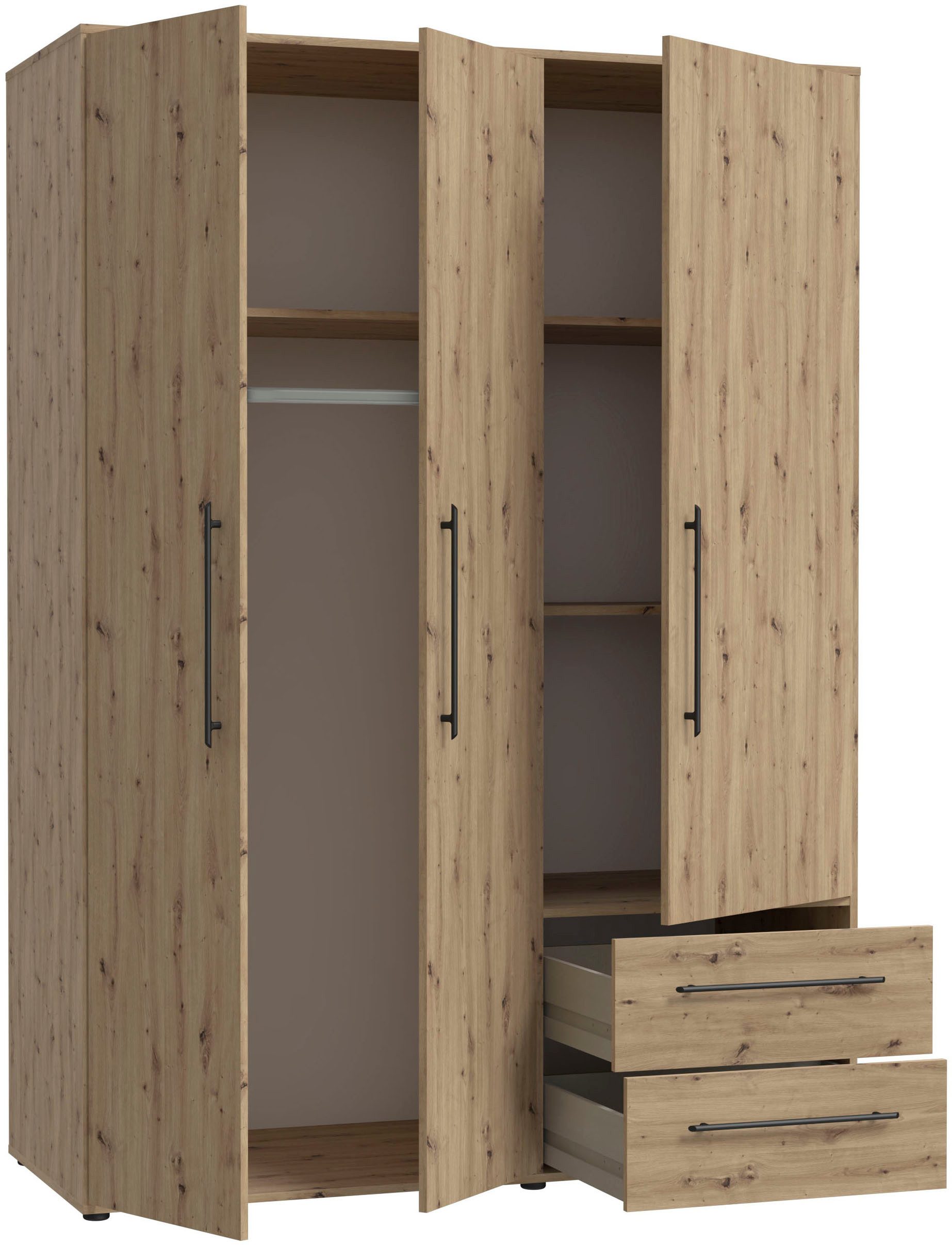FORTE Kleiderschrank Mokkaris, Garderobe, zeitloses Design, 3 Türen, Made in Europe (B/H/T ca. 144x200x59cm) Zwei Schubladen, schwarze Stangengriffe, Stauraum,  – Bild 4 von 5