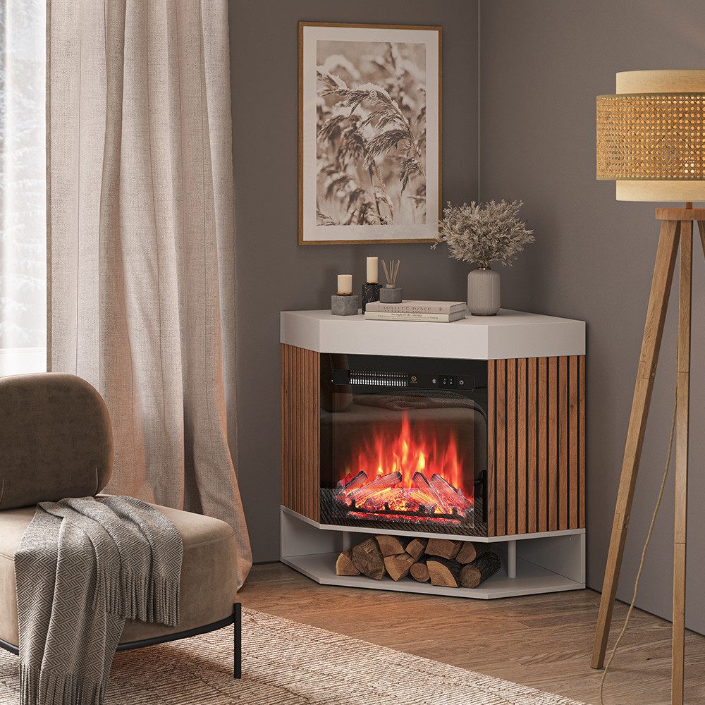 Vicco Kaminumbauschrank Lynea, Weiß, 100 cm mit realistischem Flammeneffekt und Heizung 1800W (1-St) – Bild 4 von 5