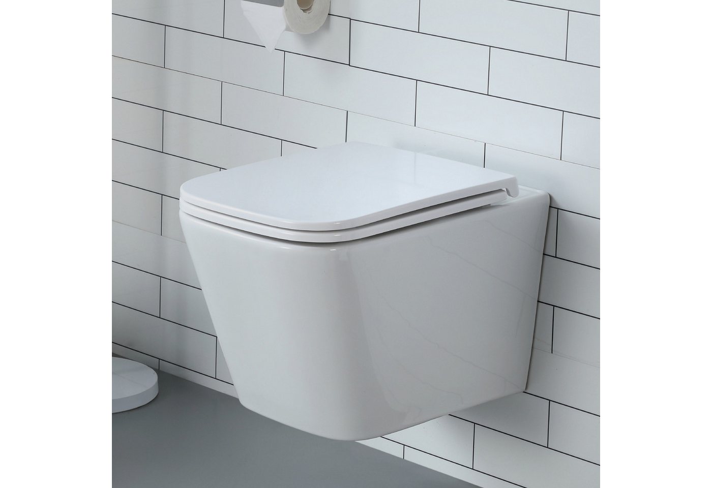 HOROW Tiefspül-WC Hänge WC Spülrandlos Toilette - 360° Einloch Superspin Spülung Wand WC, und WC Sitz mit Absenkautomatik, Abgang WC, Wand-WC mit WC-Sitz Absenkautomatik