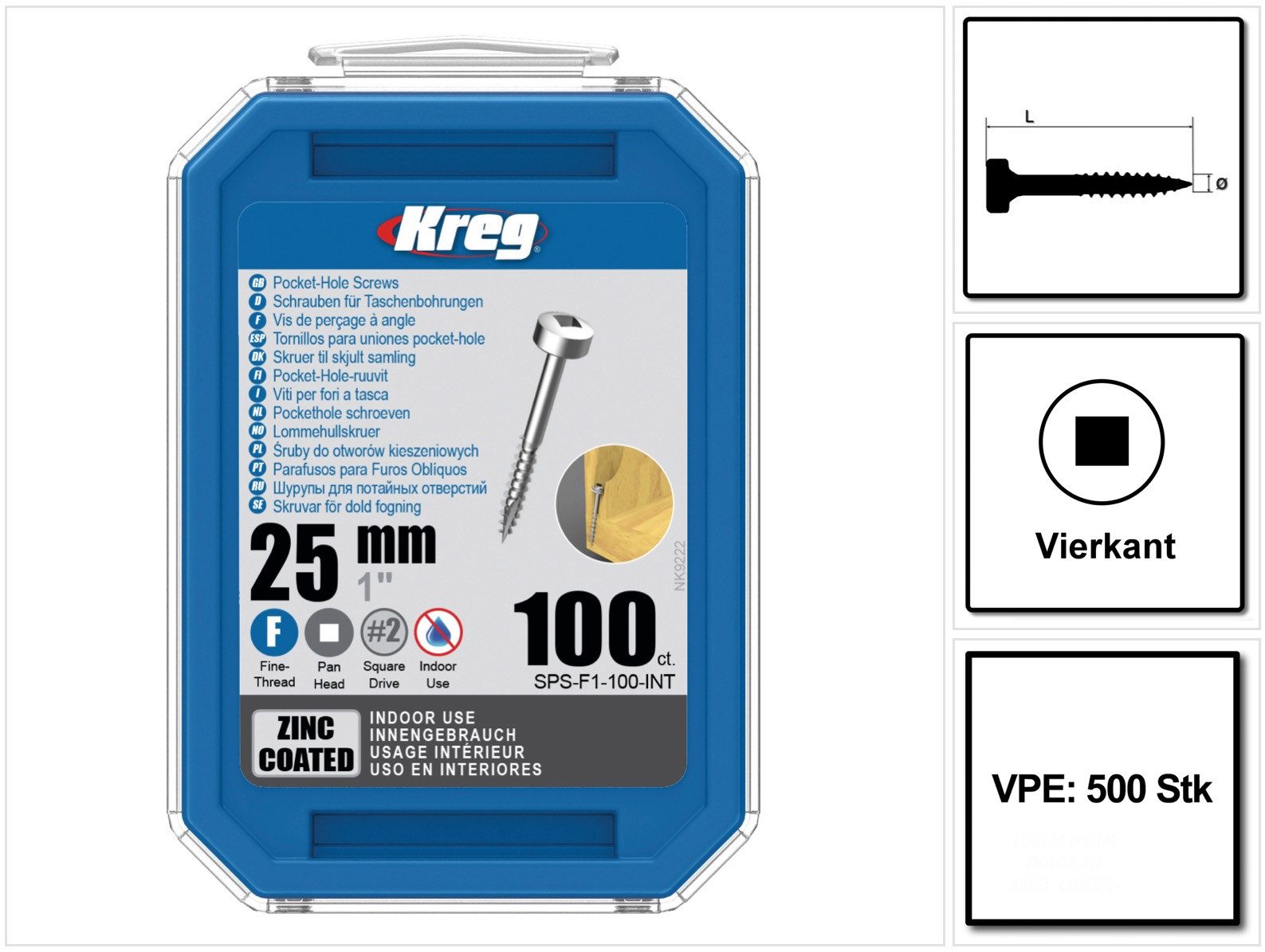 Kreg Schraube Pocket-Hole Zylinderkopfschraube 25mm 500Stk. (SPS-F1-500) Vierkant