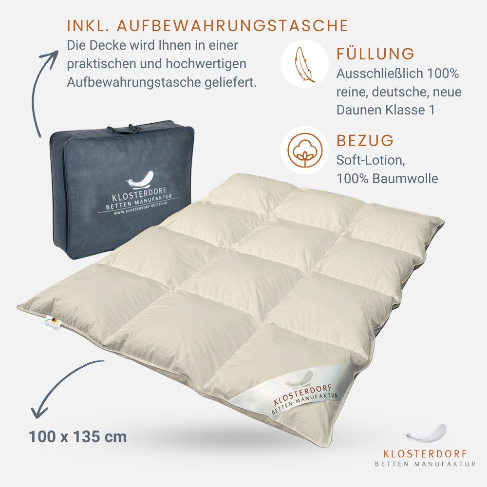 Klosterdorf Betten-Manufaktur Gänsedaunenbettdecke Premium Kinder BIO Ganzjahres Daunenbett Daunendecke - wonneproppen -, Füllung: 100% neue reine weiße deutsche Bio Gänsedaune aus Bio Produktion Klasse I, Für erholsamen und gesunden Schlaf, liebevolle Handarbeit aus unserem deutschen Familienbetrieb