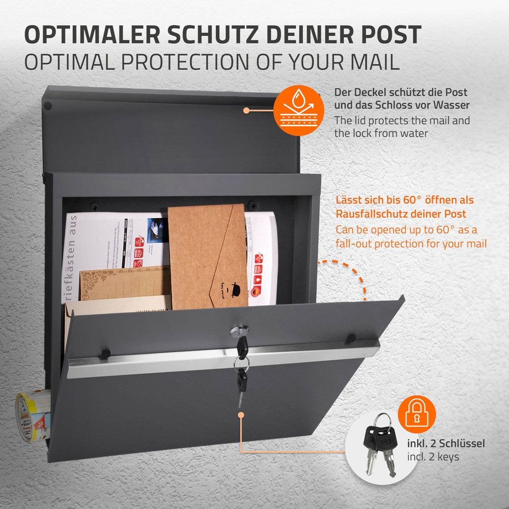 ML-DESIGN Briefkasten Wandbriefkasten Postkasten Design Briefkastenanlage Postbox, Standbriefkasten mit Zeitungsfach inkl. 2 Schlüssel Stahl – Bild 3 von 5