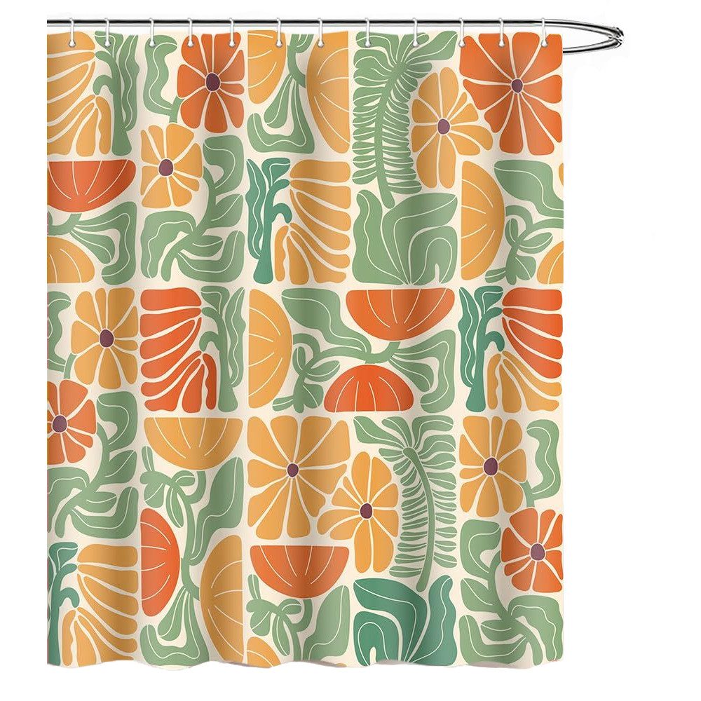 Coonoor Duschvorhang Boho Duschvorhang mit abstraktem, buntem Blumenmuster Breite 180 cm (1-tlg), Vintage Retro Patchwork – Geometrisches Botanisches Design für das Bad