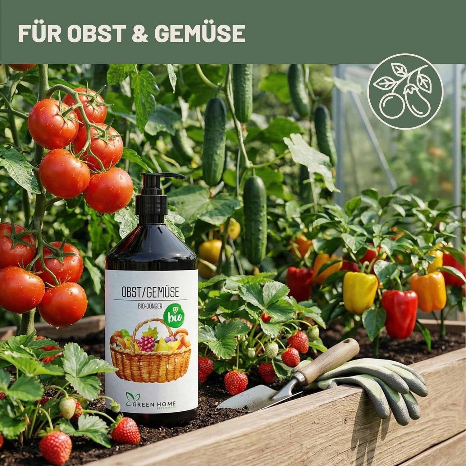 GREEN HOME LOVE NATURE Gemüsedünger Bio-Dünger flüssig NPK 3+2+6 für Obst, Gemüse & Beeren, Obst & Gemüse, 100 % bio, organisch-mineralisch, extra Kalium, Dosierpumpe