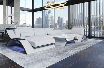 Sofa Dreams Wohnlandschaft Sofa Leder Calabria U Form Ledersofa, Couch, mit LED Beleuchtung, USB Anschluss und Multifunktions-Console