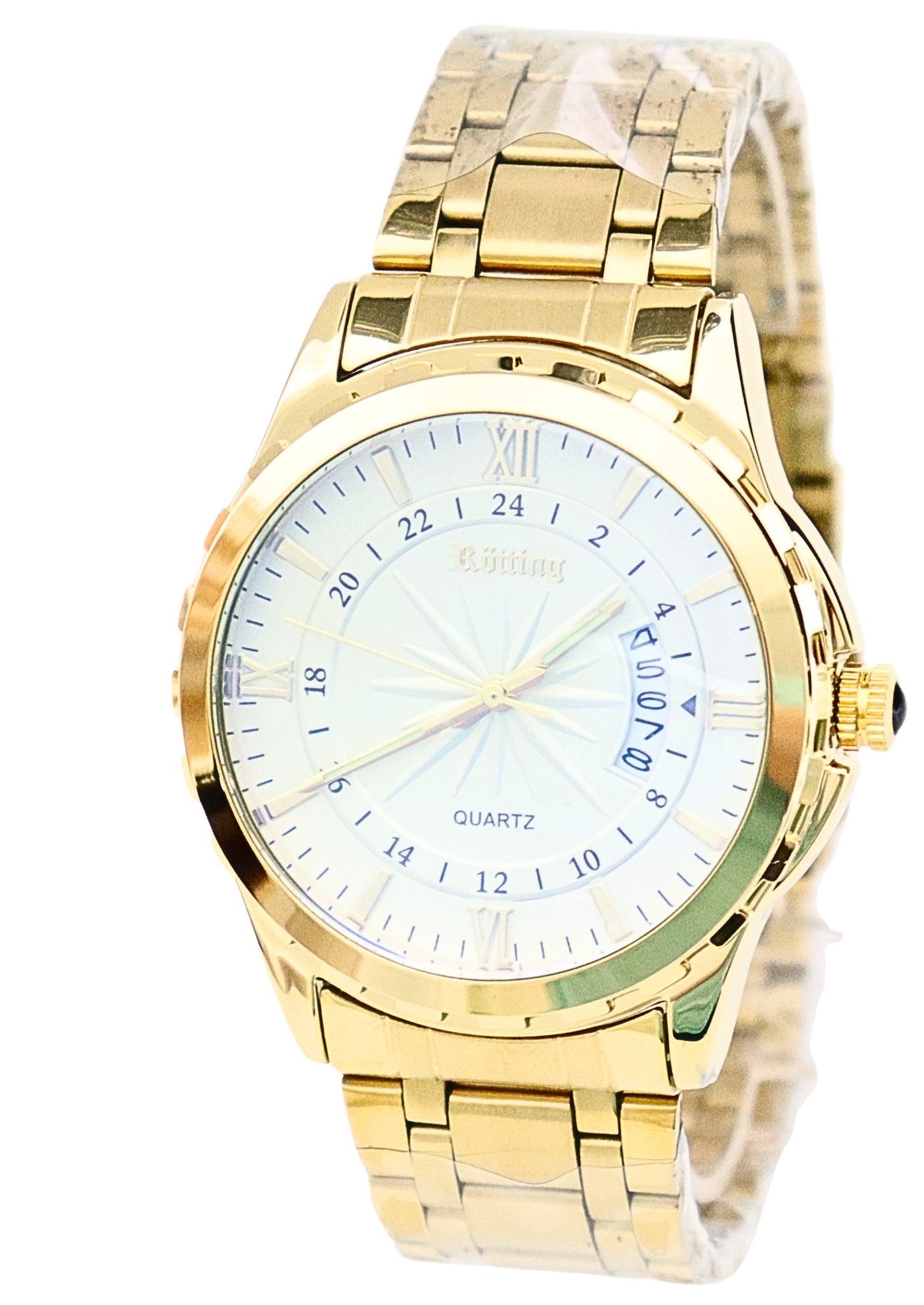 Rötting Design Quarzuhr Herrenuhr Quarz weiß goldfarbenes Ziffernblatt Datumanzeige