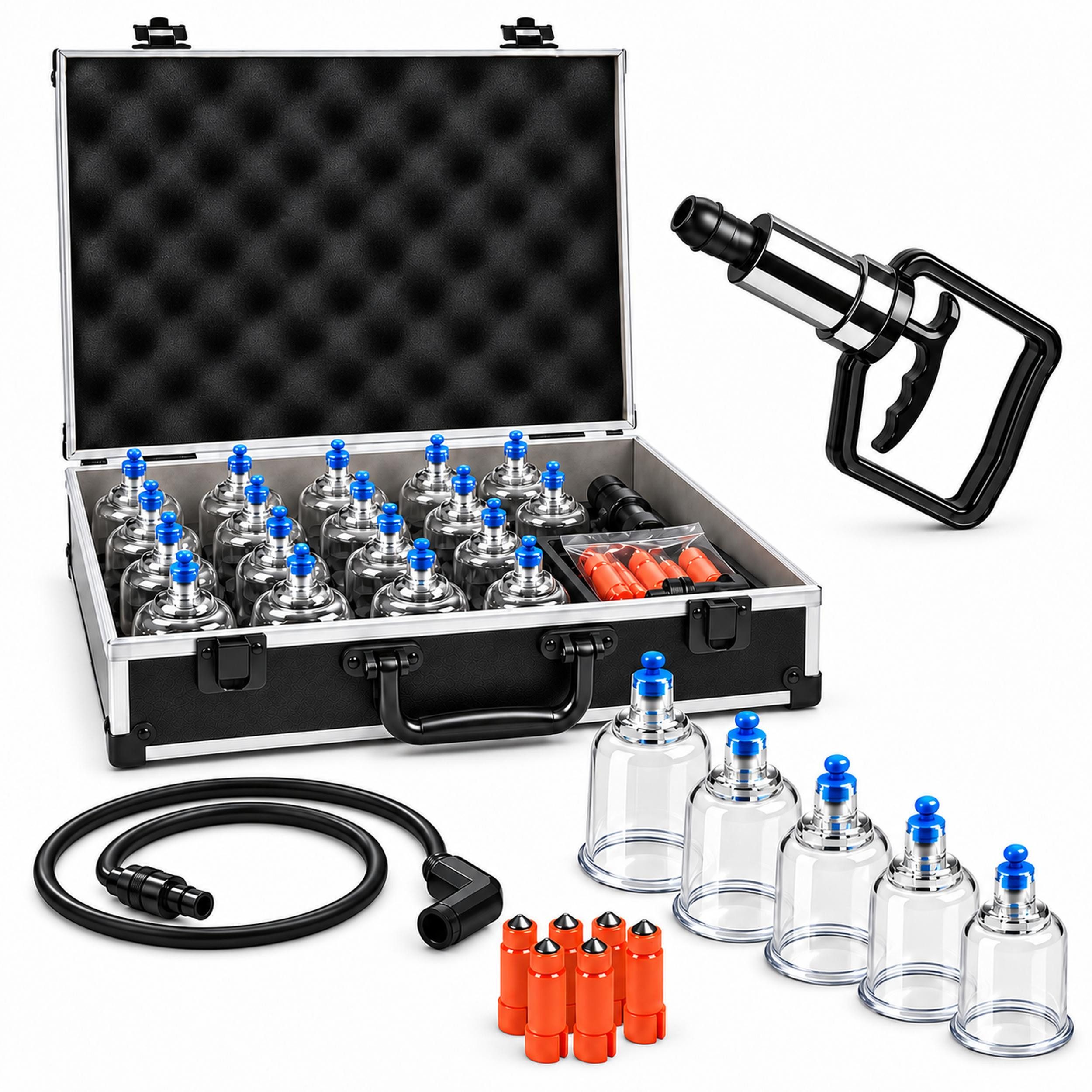 pulox Vakuum-Massager Schröpfgläser Koffer Set mit Vakuumpumpe - 19 Cuppings