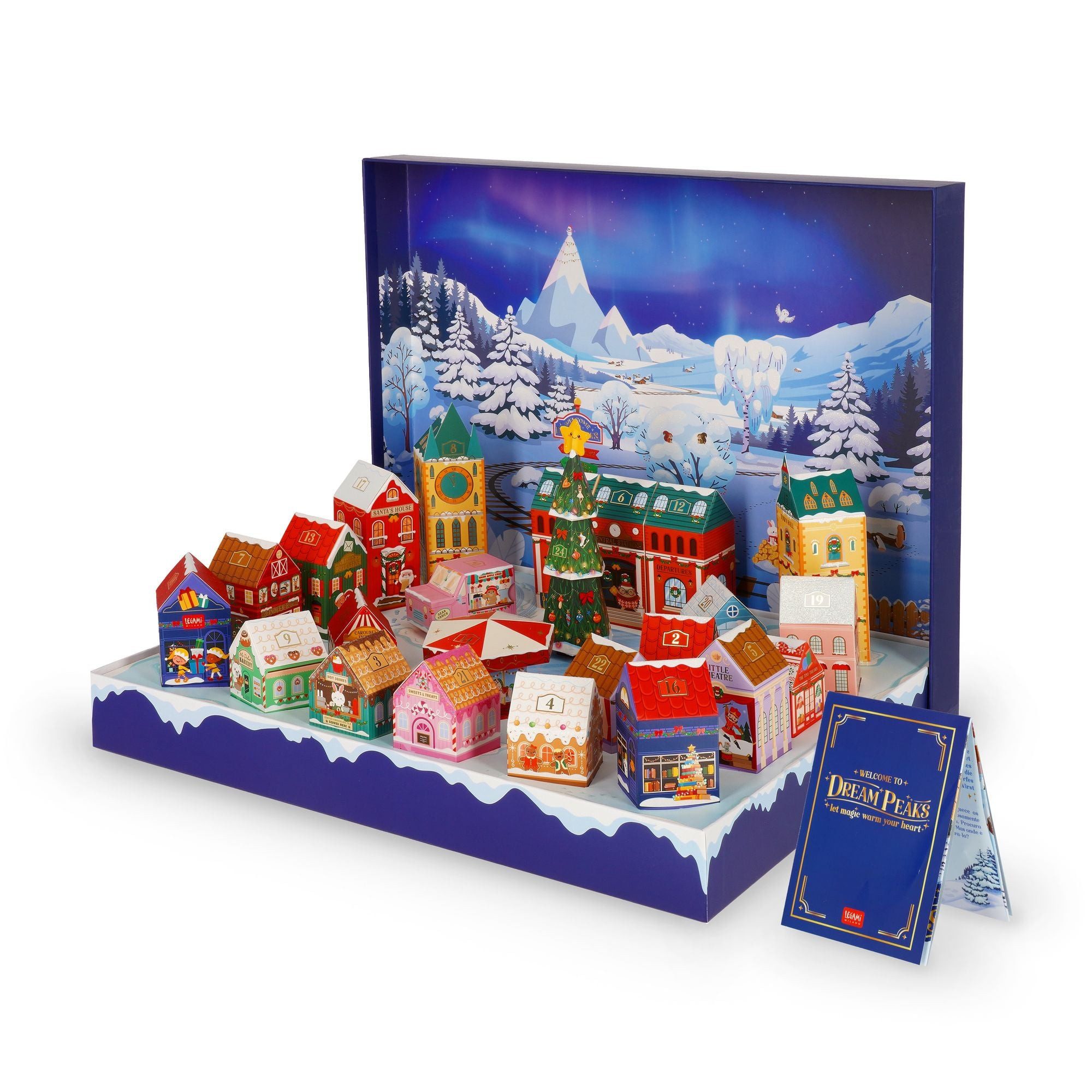 Legami Adventskalender Legami Adventskalender 2026 Dream Peaks (Set, 24-tlg), Winterdorf mit 24 Häuschen, wiederverwendbar, limitierter Stift