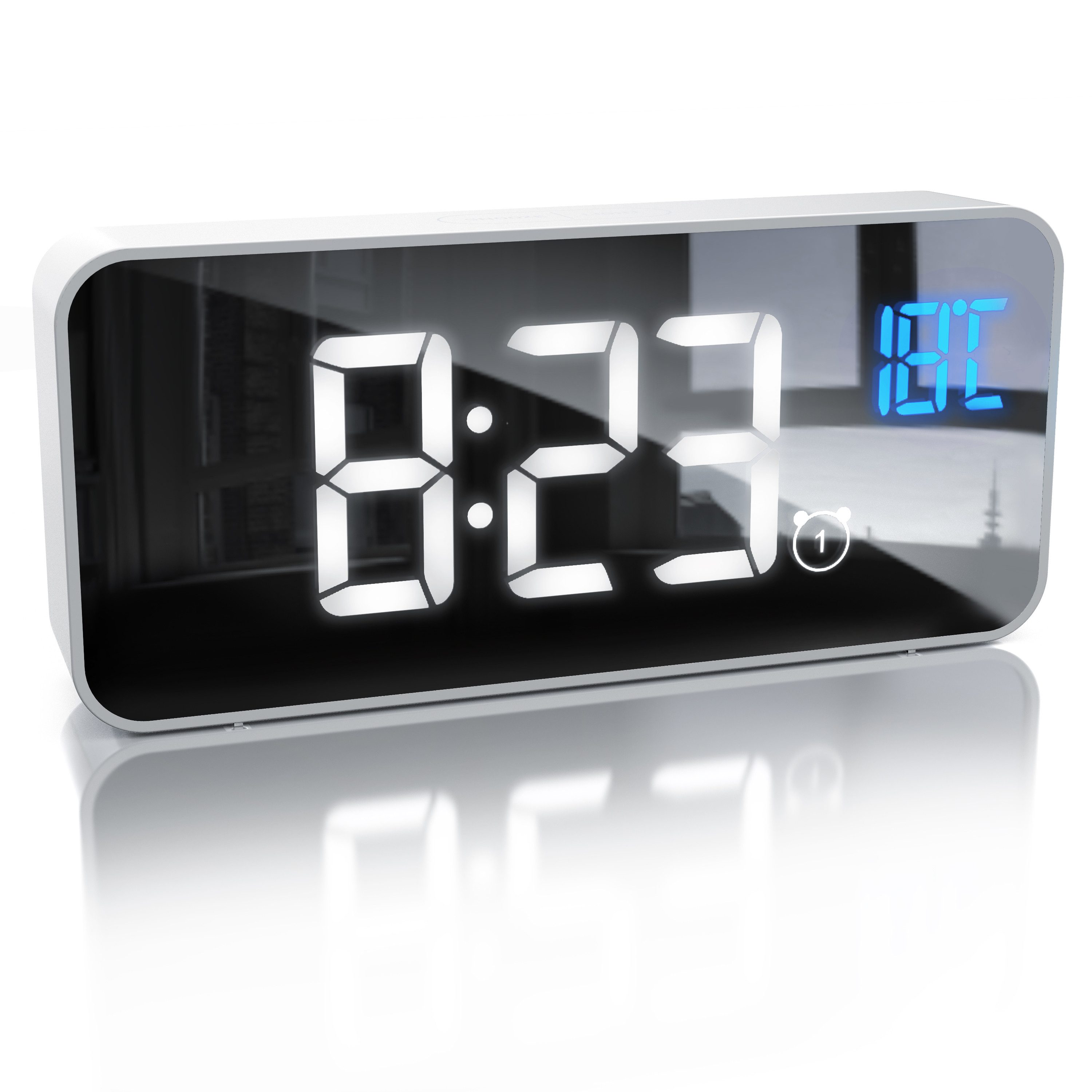 BEARWARE Wecker mit Netzteil & Akku, Reisewecker, Musikwecker mit Temperaturanzeige LED Digitalwecker 13 Songs & Klingeltöne, 2 Alarme, dimmbar, 2200 mAh