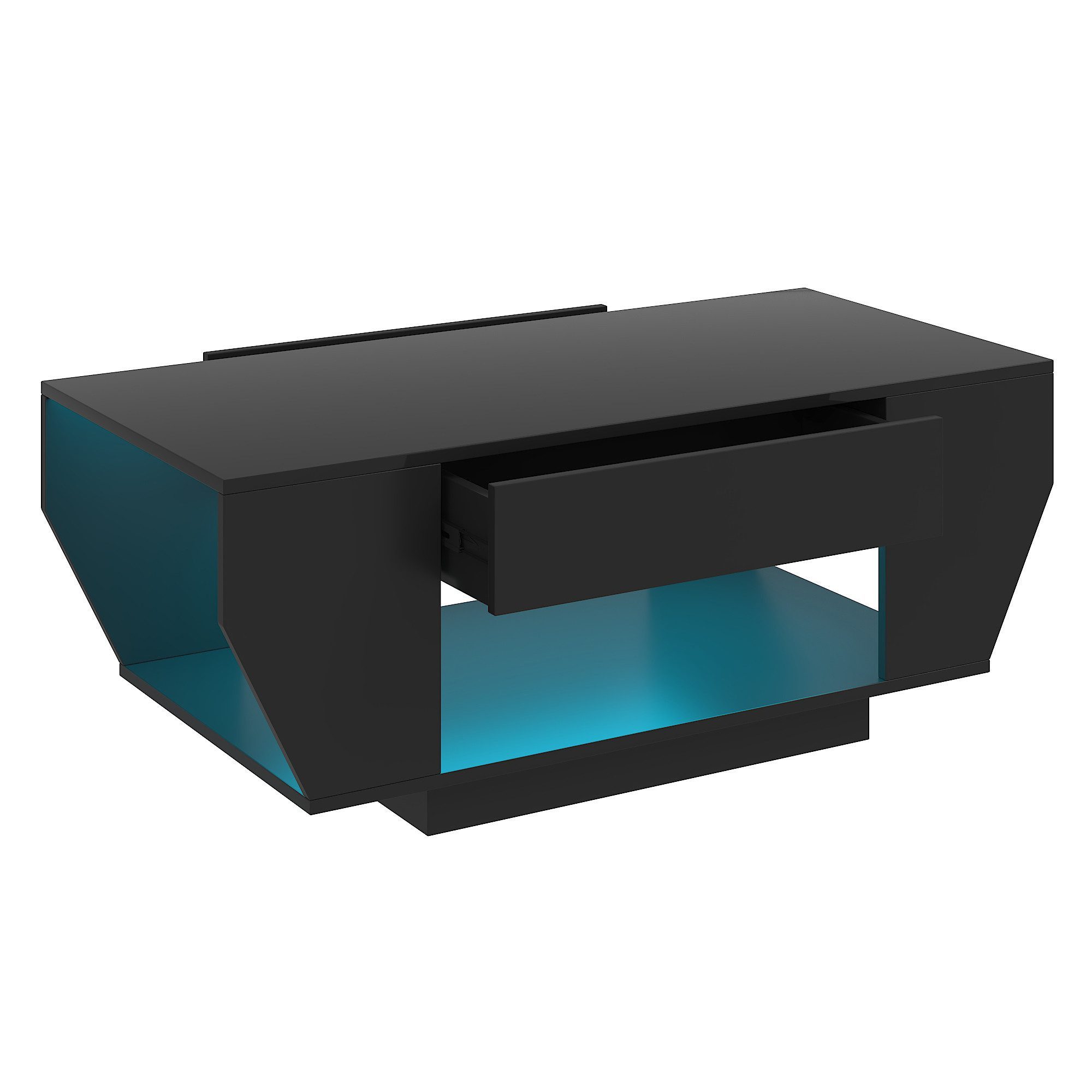 radelldar Couchtisch mit LED-Beleuchtung & 2 Schubladen, Hochglanz-Weiß/Schwarz (1-St), Boot-Form Design, Fernbedienung für dein Wohnzimmer