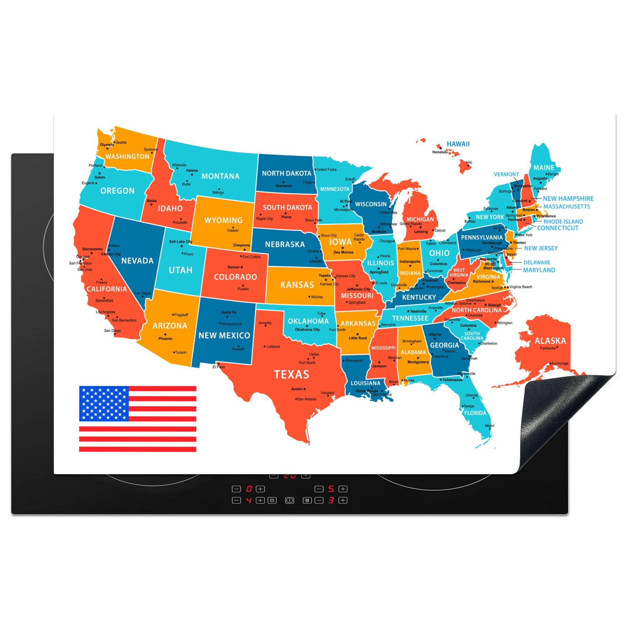 MuchoWow Herdblende-/Abdeckplatte Karte von Amerika in Farbe, Vinyl, (1 tlg), 81x52 cm, Induktionskochfeld Schutz für die küche, Ceranfeldabdeckung