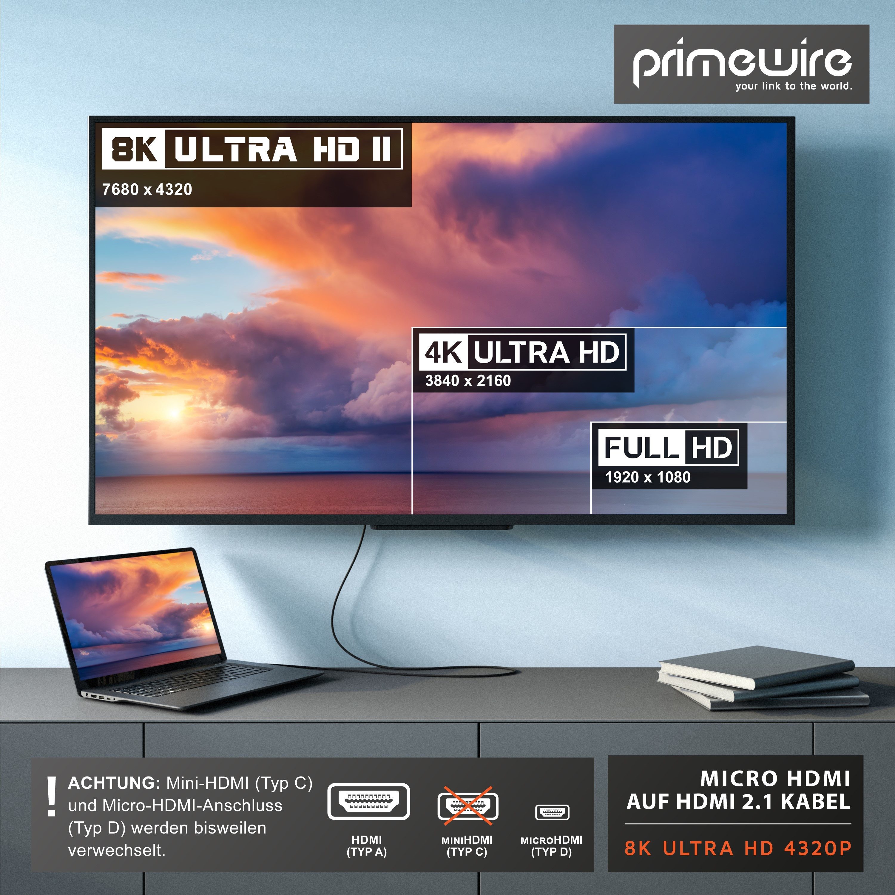 Primewire 8K HDMI auf microHDMI Adapterkabel 7680 x 4320 @ 120Hz mit DSC - 1,5m HDMI-Kabel, 2.1, HDMI Typ D (Micro), HDMI Typ A (150 cm), 3D, UHD II, HDR, ARC,  – Bild 5 von 5