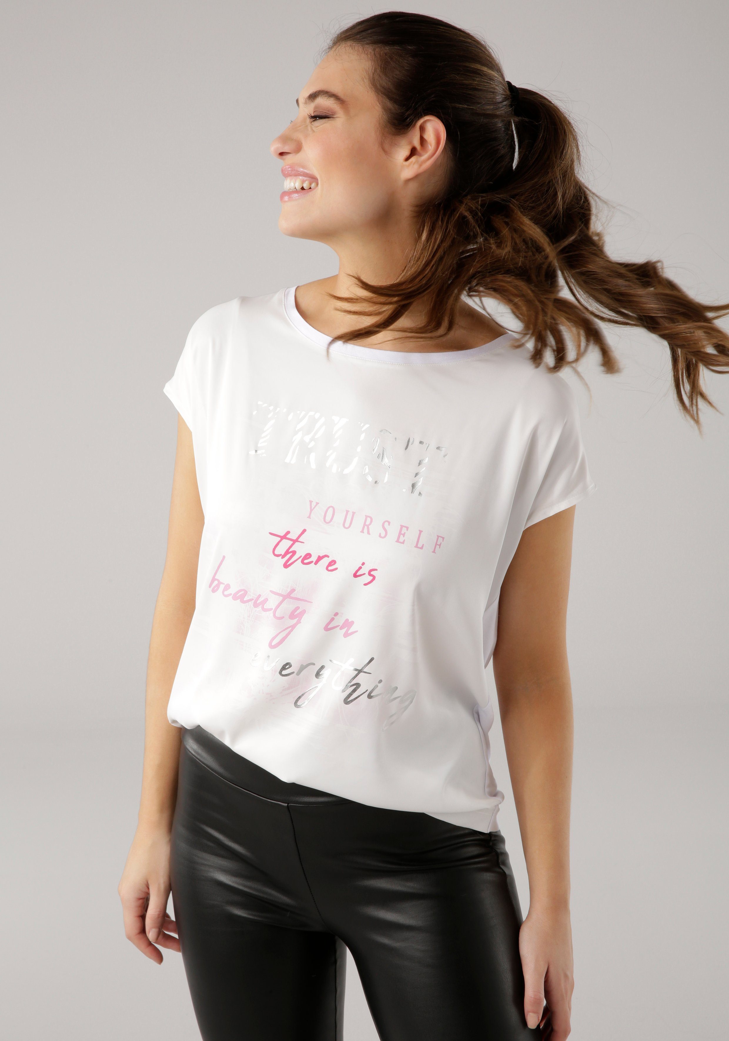 Laura Scott Aufdruck Shirtbluse Satin weiß-pink aus dezentem mit