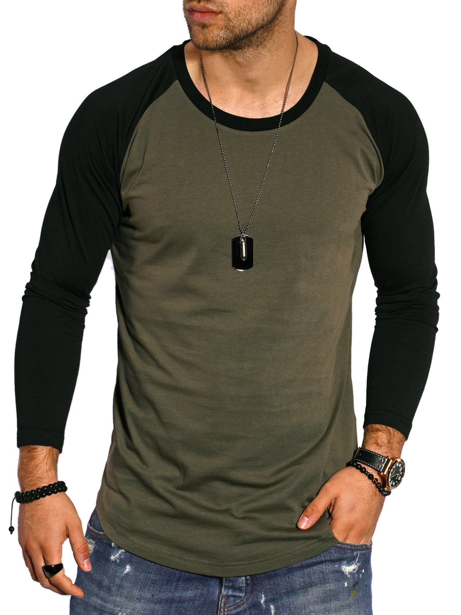 Shirt SDGLENDALE Style-Division Basic im Khaki-Schwarz Longsleeve Raglan-Stil