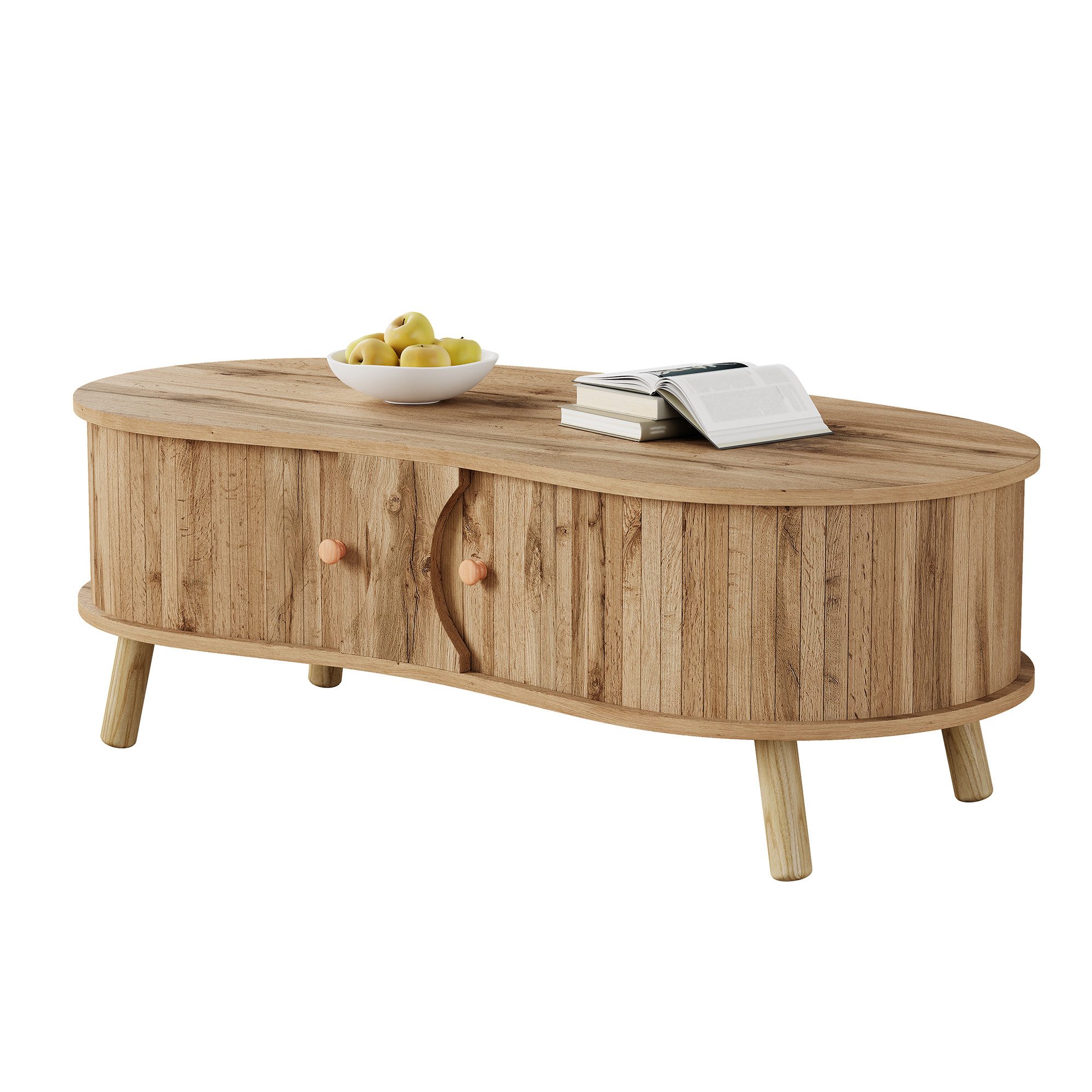 Merax Couchtisch mit Erbsenform mit Rillenoptik, Sofatisch in Holzoptik (1-St., 108 x 50 x 37 cm), Wohnzimmertisch mit 2 Schiebetüren, …