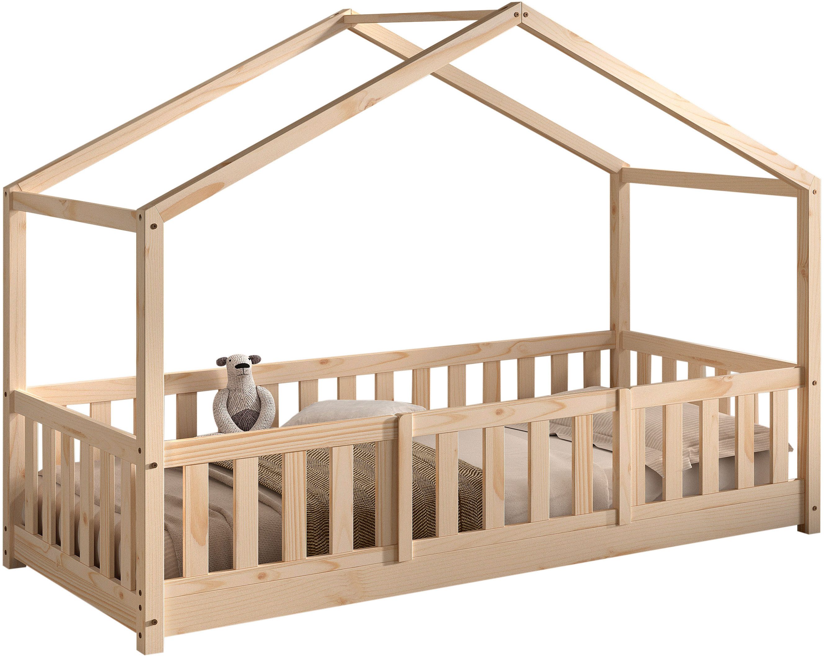 Vipack Hausbett Dallas, Massivholzbett mit Dachaufbau umbaubar vom Boden- zum Daybett (inkl. Rolllattenrost und Sprossenumrandung, 90x200 cm breit), mit Bettschublade, wahlweise Kiefer massiv natur oder weiß
