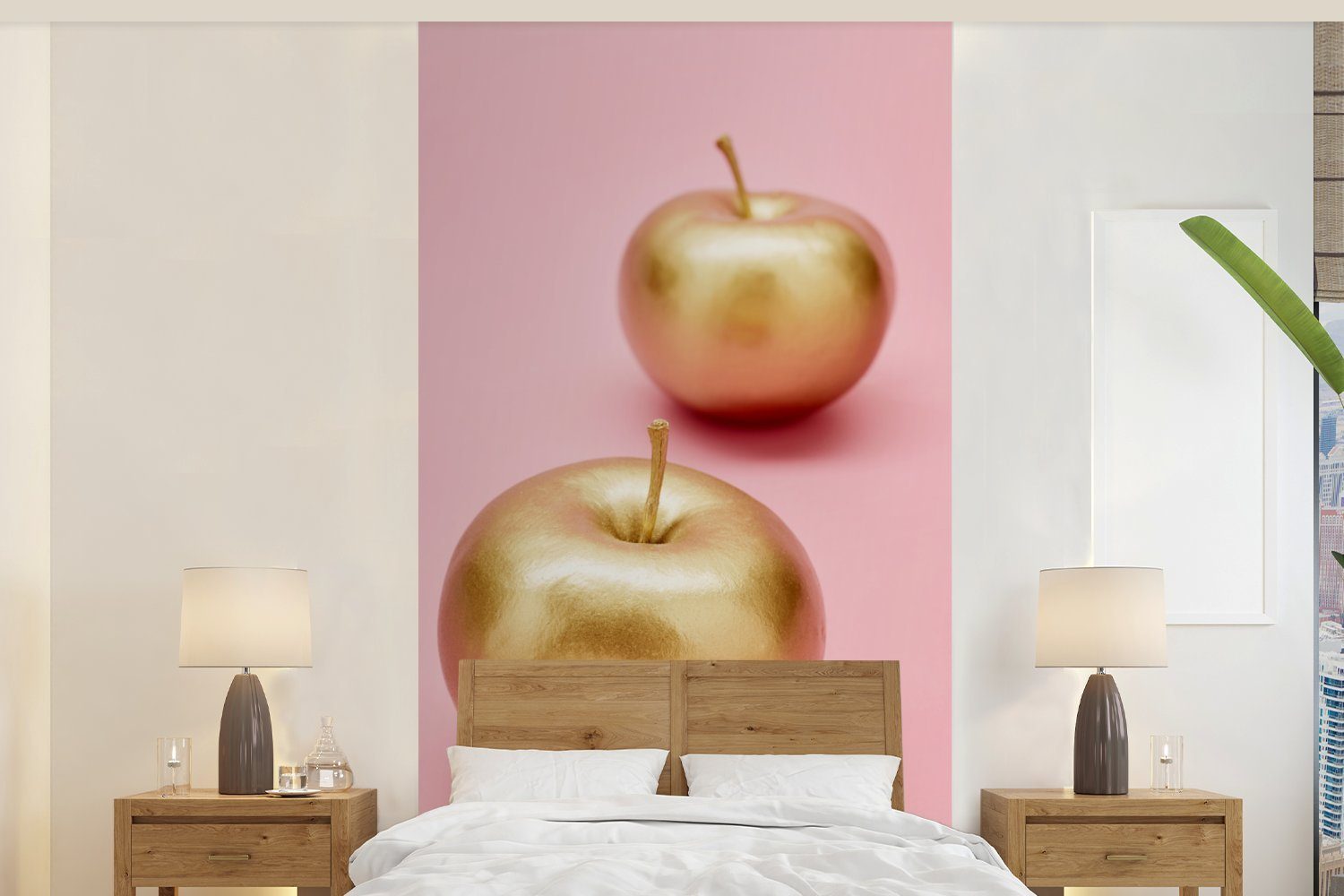 MuchoWow Fototapete Apfel - Gold - Stilleben, Matt, bedruckt, (2 St), Vliestapete für Wohnzimmer Schlafzimmer Küche, Fototapete