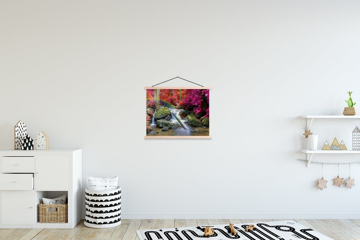 MuchoWow Poster Regenbogen - Wasserfall - Bäume - Steine - Moos, (1 St), Posterleiste, Textilposter für Wohnzimmer, Bilderleiste, Magnetisch
