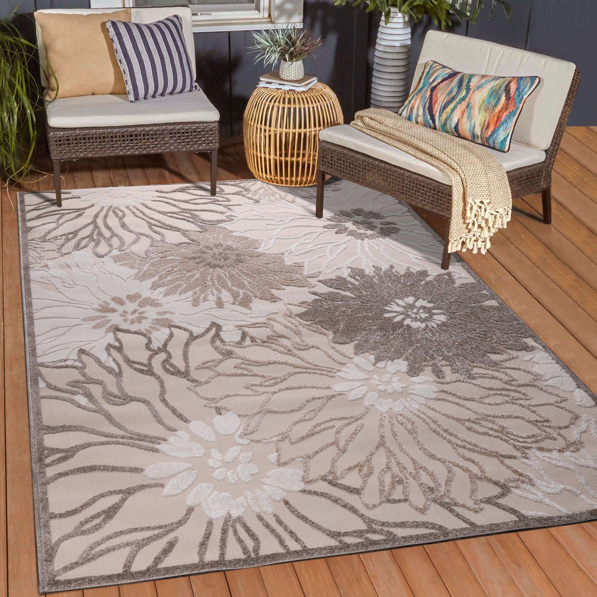 Teppich Floral 2 Outdoor, Sanat, rechteckig, Höhe: 6 mm, In- und Outdoor geeignet, Blumen, Balkon, Terrasse, Außenbereich beige | Kurzflor-Teppiche