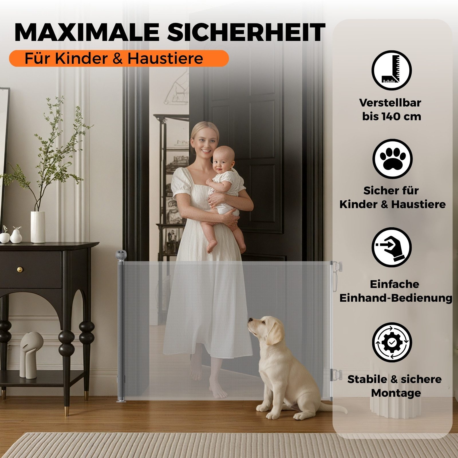 Allyson Treppenschutzgitter Türschutzgitter Ausziehbar, Tür & Treppengitter für Kinder & Haustiere (Inklusive Befestigungsmaterial für zwei unterschiedliche Positionen), Platzsparend ausziehbar bis 140cm, robustes PVC-Netz für Kind & Hund