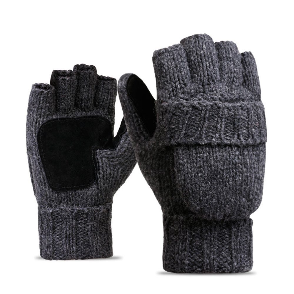 ZanMax Trikot-Handschuhe Wollstrickhandschuhe mit halber Fingerklappe (Einheitsgröße) grau