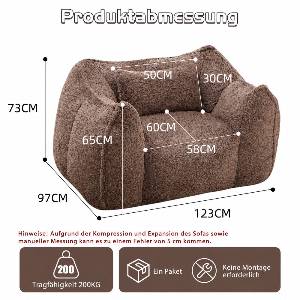 Vankel Relaxliege Sofas Wohnzimmer Loungesessel aus Kunstfell mit Hocker, Weicher Bean Bag Sessel mit Fußhocker und Schaumstofffüllung