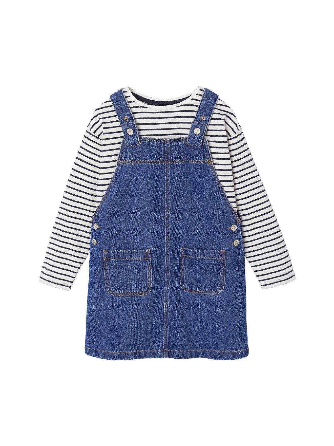 vertbaudet Kleid & Hose Mädchen-Set: Latzkleid aus Denim & Streifenshirt