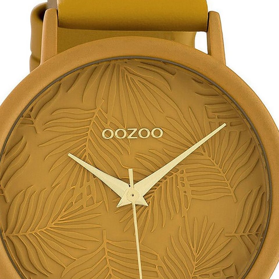 OOZOO Quarzuhr Oozoo Damen Armbanduhr senfgelb, Damenuhr rund, groß (ca.  42mm) Lederarmband, Fashion-Style, Blatt Struktur-Ziffernblatt