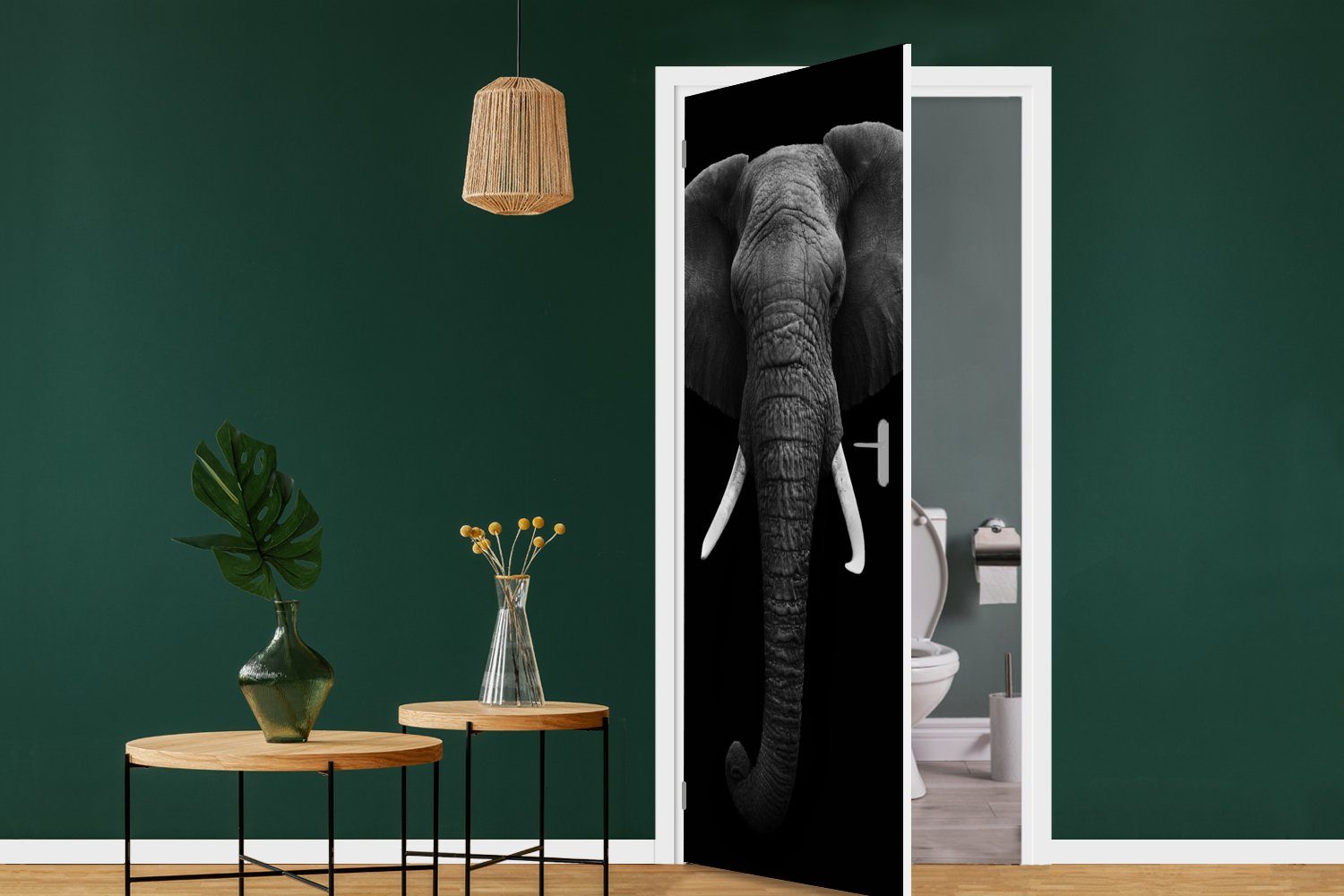 cm Wildtiere (1 Schwarz - für Porträt, St), Weiß Tür, - - MuchoWow - Matt, Elefant Türtapete 75x205 bedruckt, Fototapete Türaufkleber,