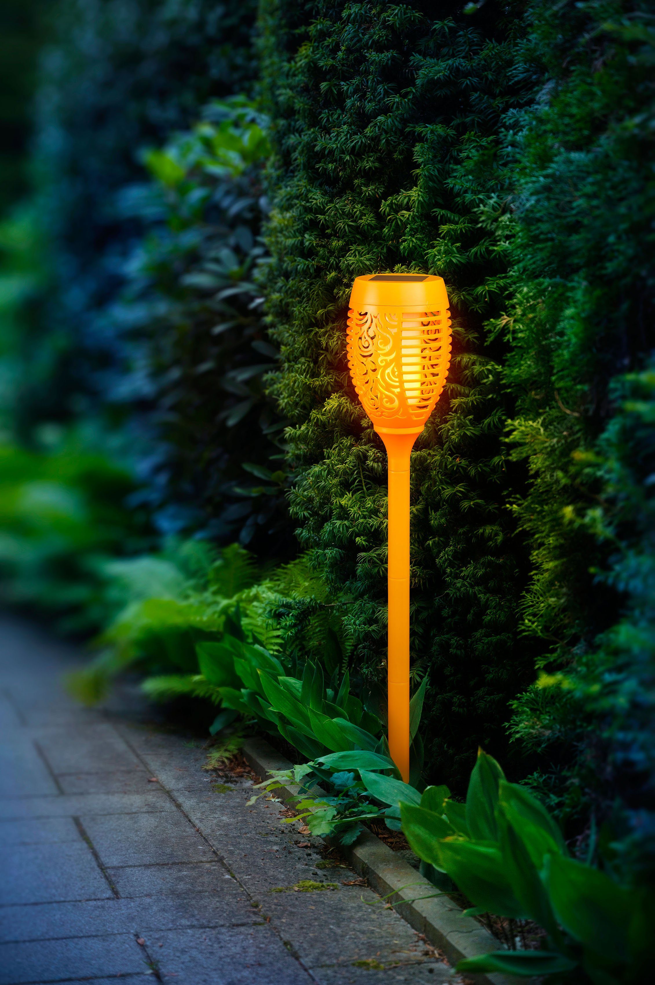 3er Set BONETTI orange Gartenfackel Flamme Tageslichtsensor, LED Solar mit LED integriert, Gartenfackel, fest LED realer